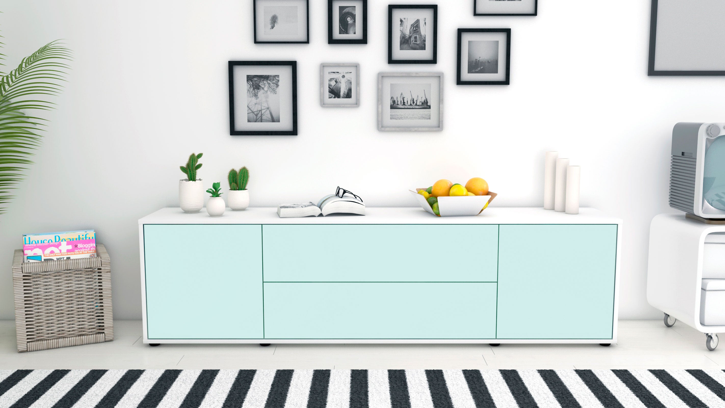 Lowboard - Aquilina - Design Farbakzent - Freistehend mit Push to Open 180 cm Weiss
