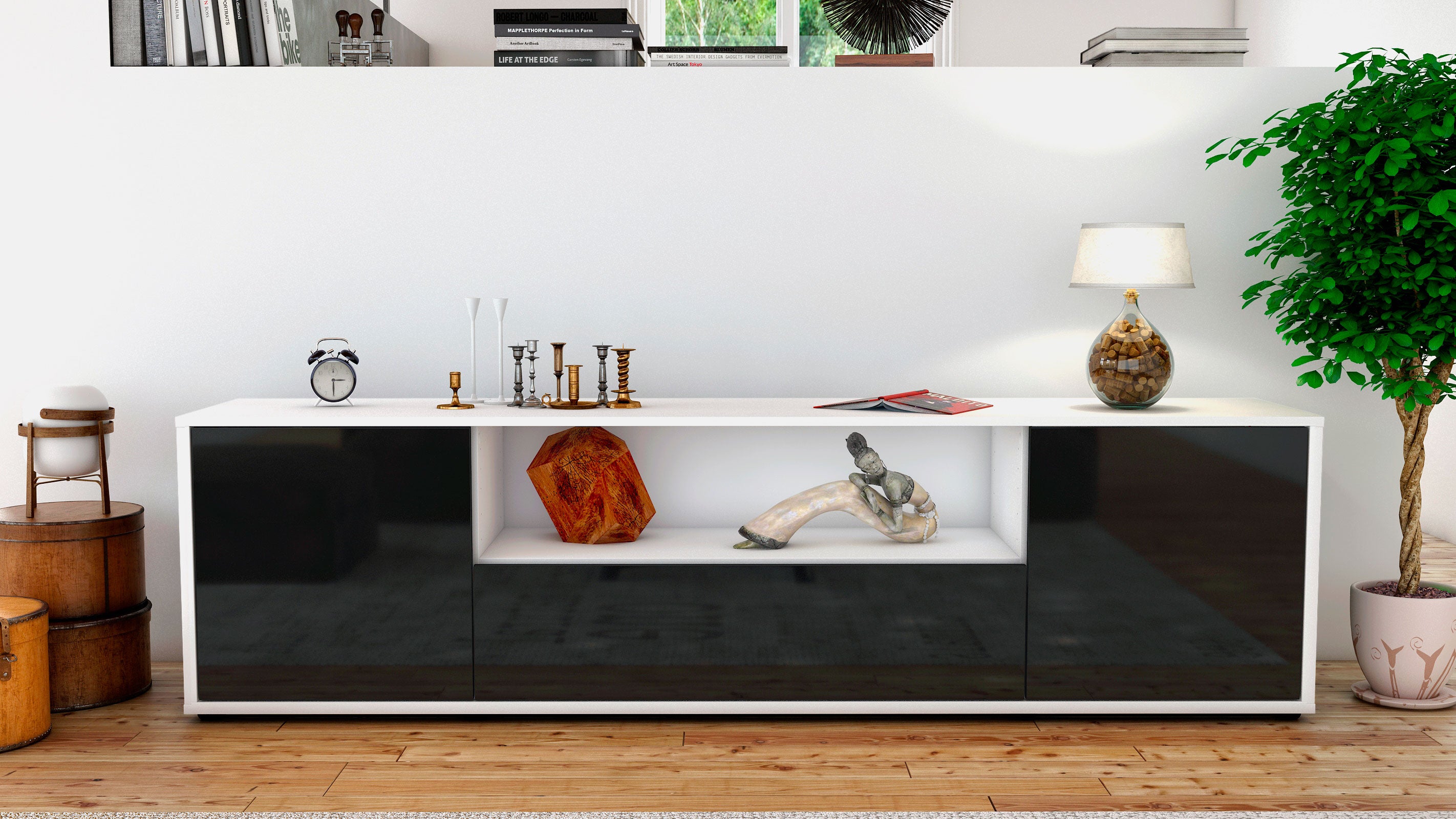 Lowboard - Arbnora - Design Hochglanz - Freistehend mit Push to Open 180 cm Weiss