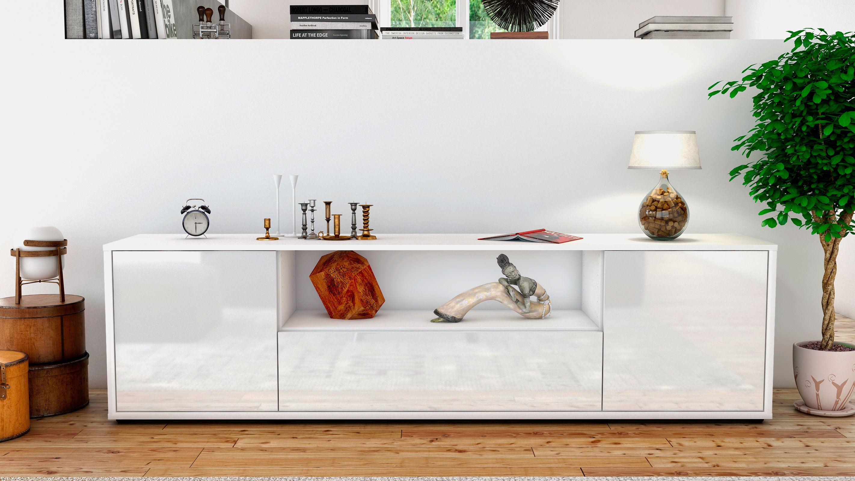 Lowboard - Arbnora - Design Hochglanz - Freistehend mit Push to Open 180 cm Weiss