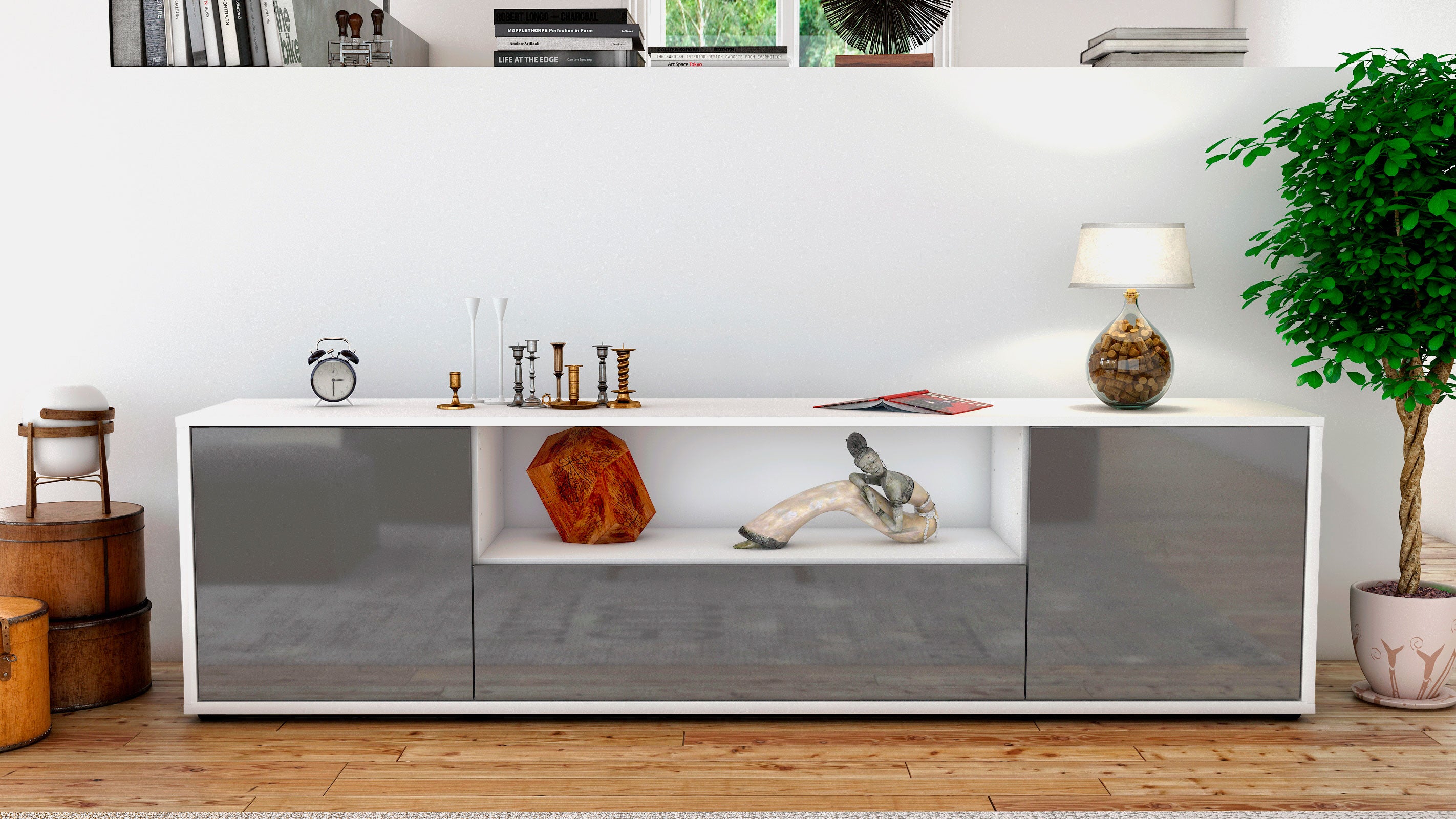 Lowboard - Arbnora - Design Hochglanz - Freistehend mit Push to Open 180 cm Weiss