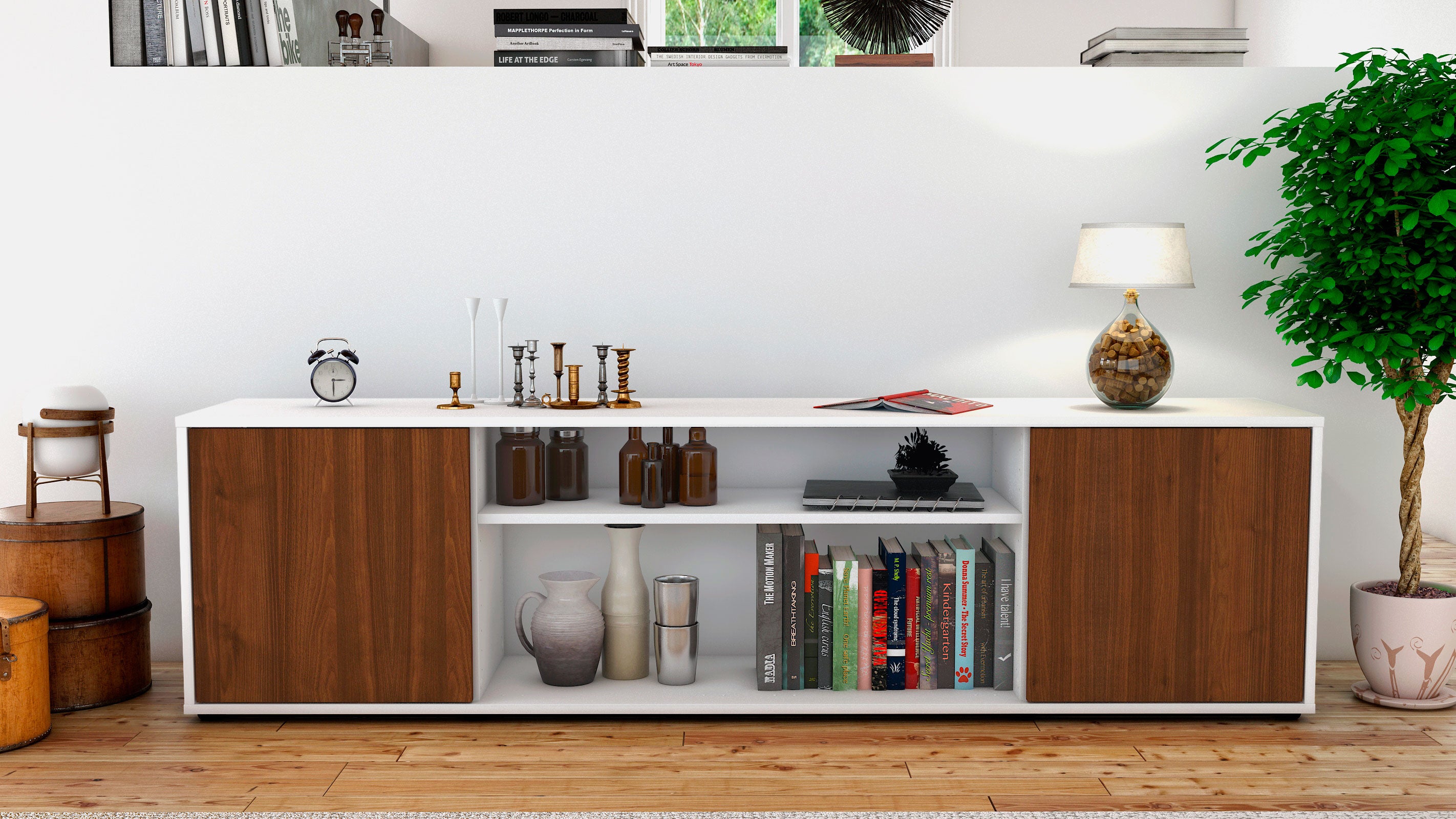 Lowboard - Asia - Design Holzdekor - Freistehend mit Push to Open 180 cm Weiss