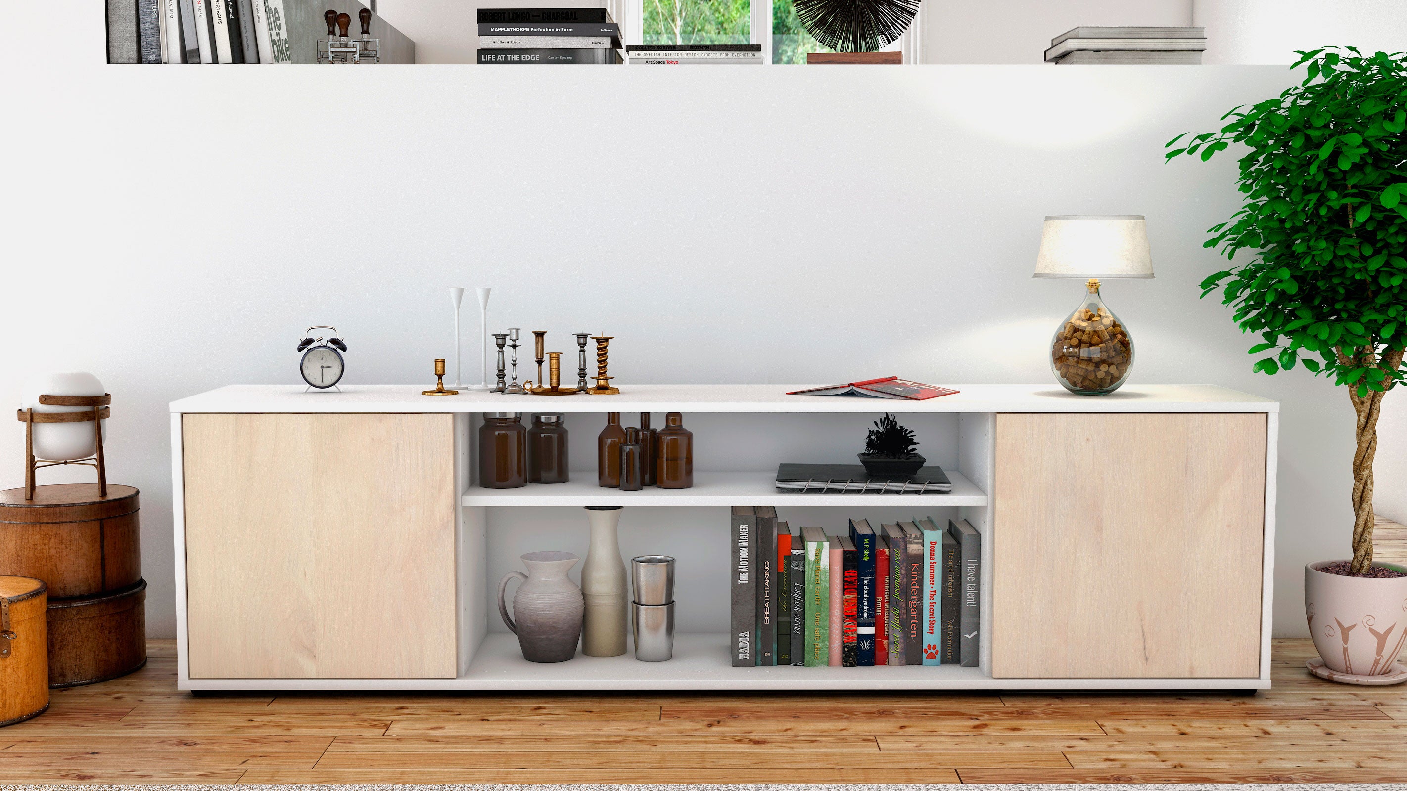 Lowboard - Asia - Design Holzdekor - Freistehend mit Push to Open 180 cm Weiss
