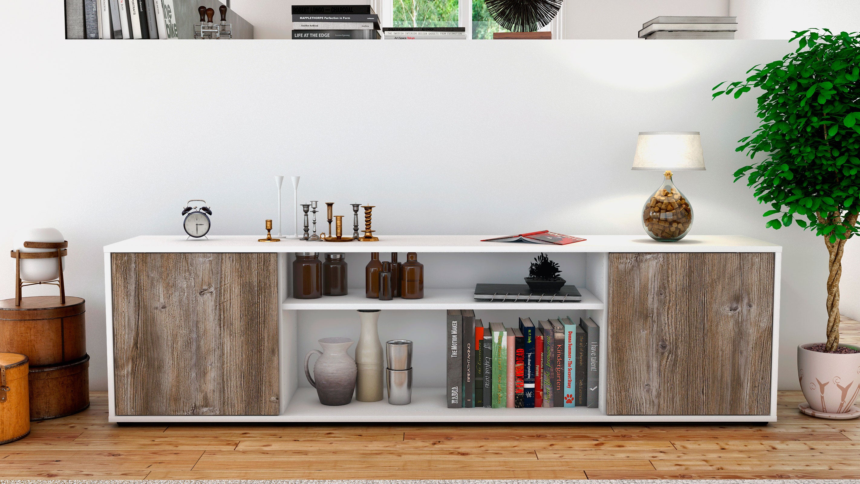 Lowboard - Asia - Design Holzdekor - Freistehend mit Push to Open 180 cm Weiss