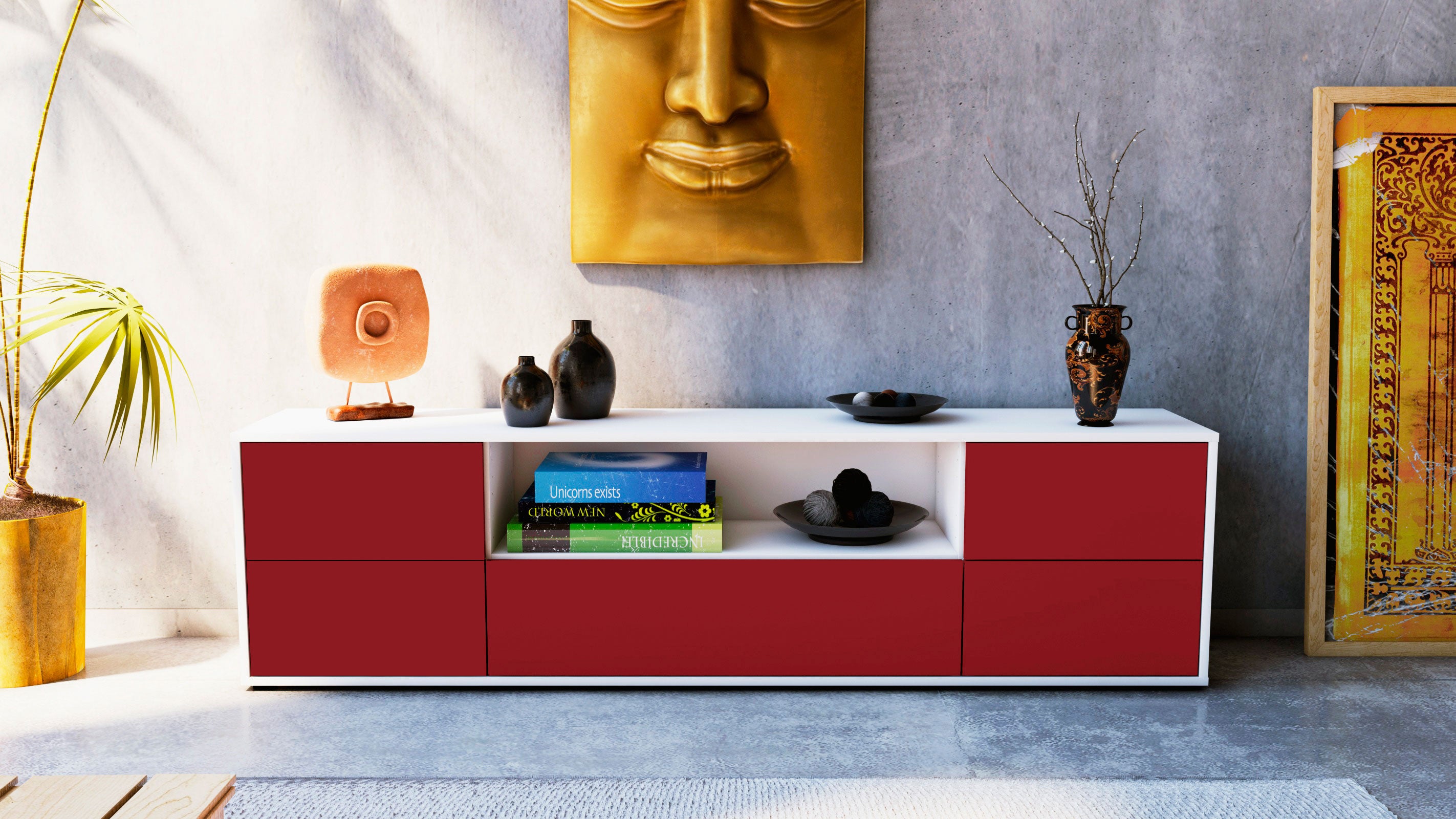 Lowboard - Atlanta - Design Farbakzent - Freistehend mit Push to Open 180 cm Weiss