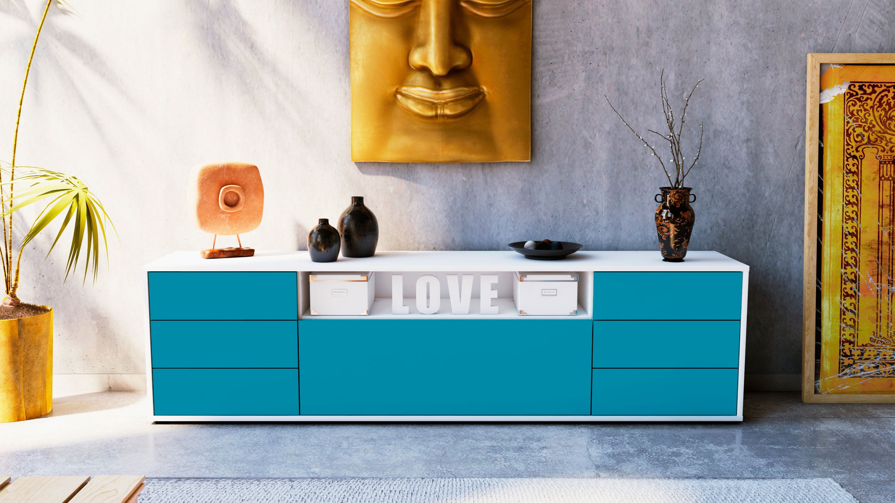 Lowboard - Beatrice - Design Farbakzent - Freistehend mit Push to Open 180 cm Weiss