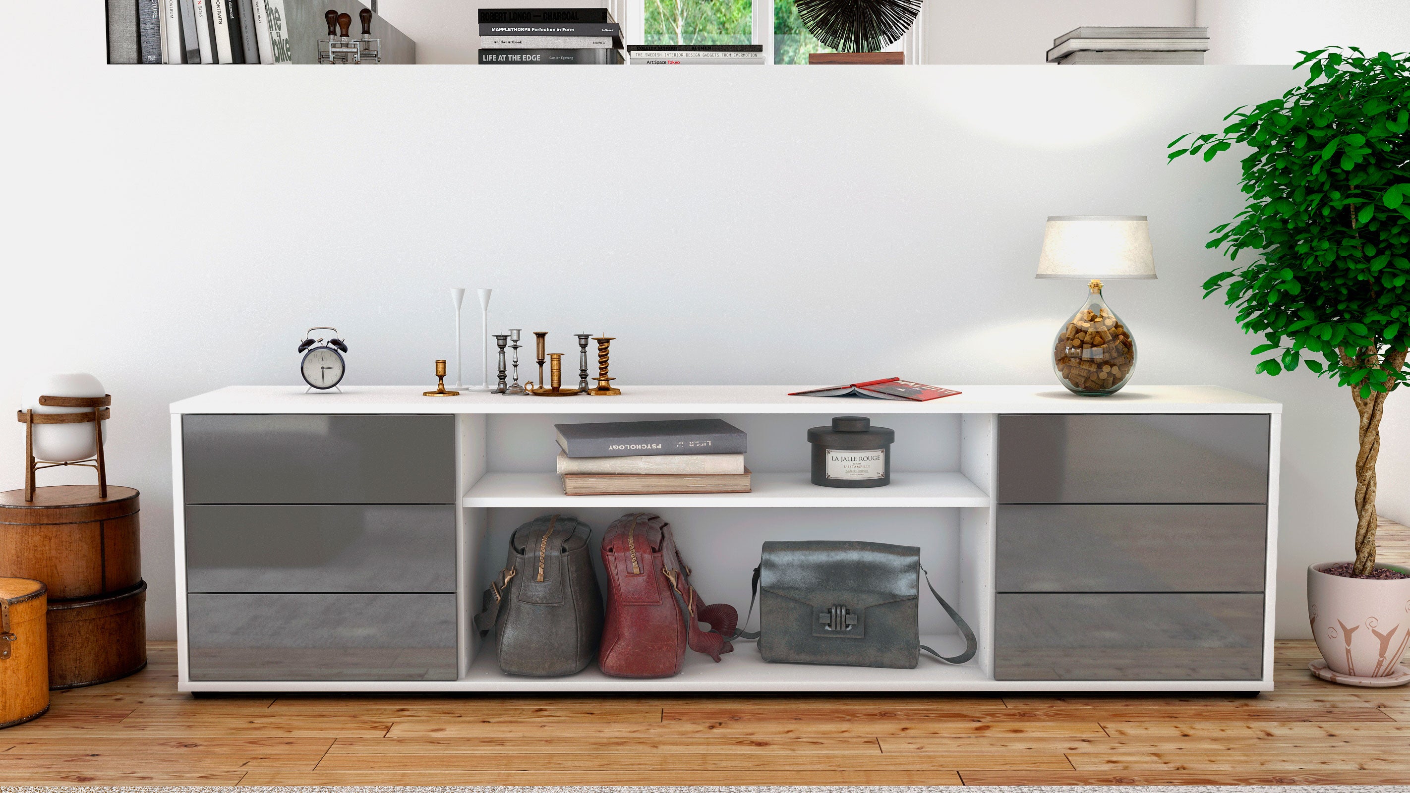 Lowboard - Belinda - Design Hochglanz - Freistehend mit Push to Open 180 cm Weiss