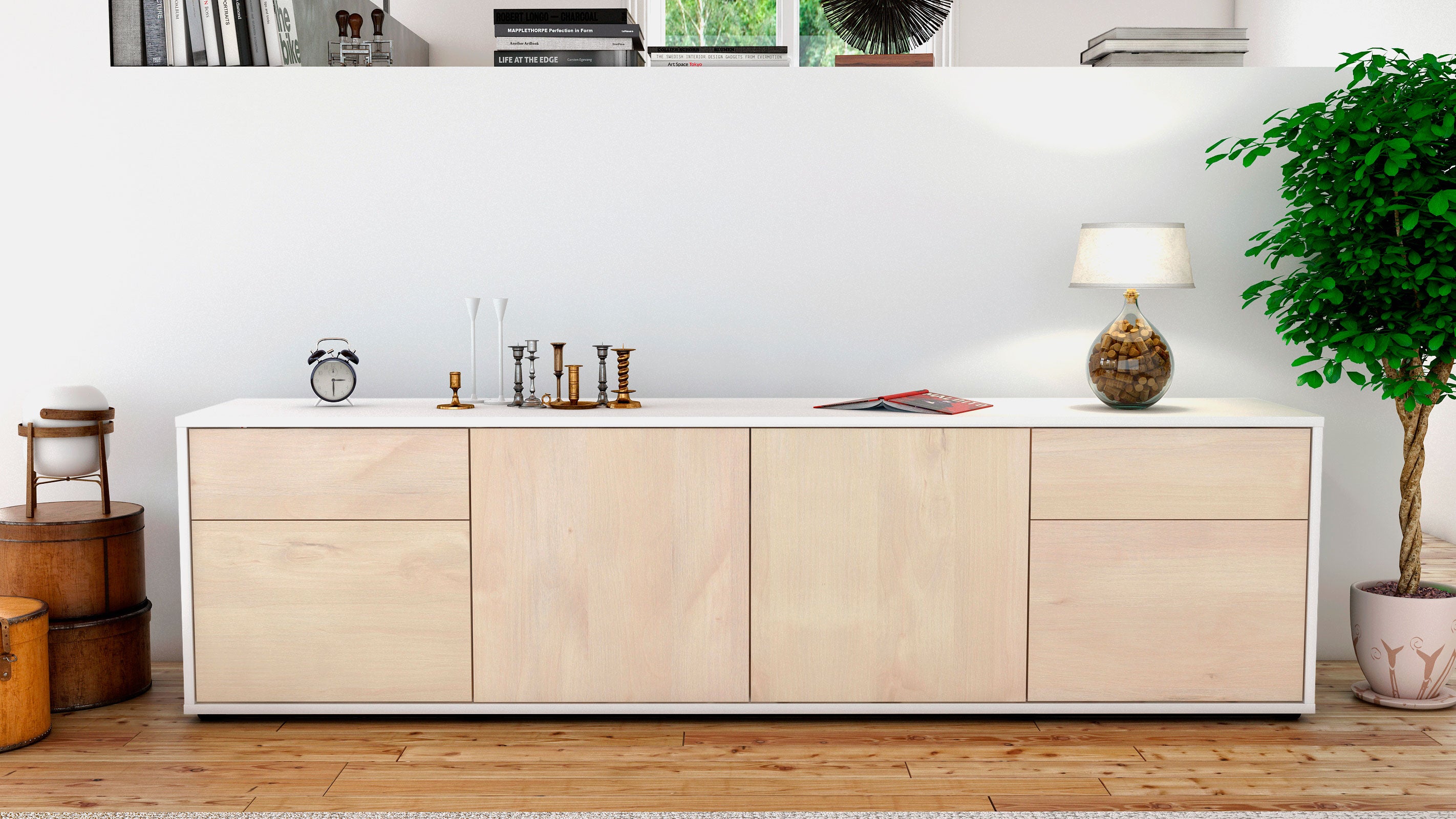 Lowboard - Benedetta - Design Holzdekor - Freistehend mit Push to Open 180 cm Weiss