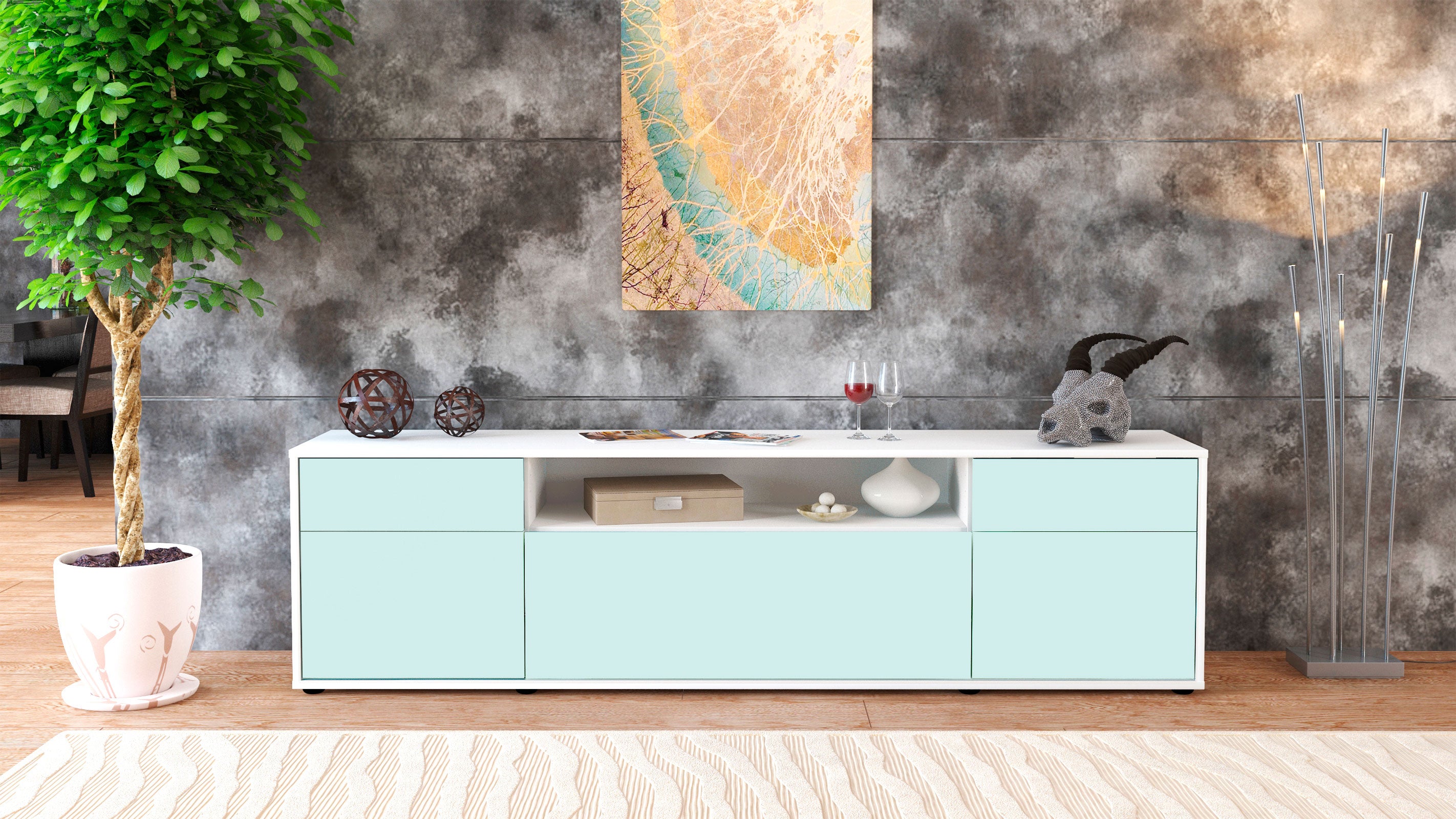 Lowboard - Bernadetta - Design Farbakzent - Freistehend mit Push to Open 180 cm Weiss