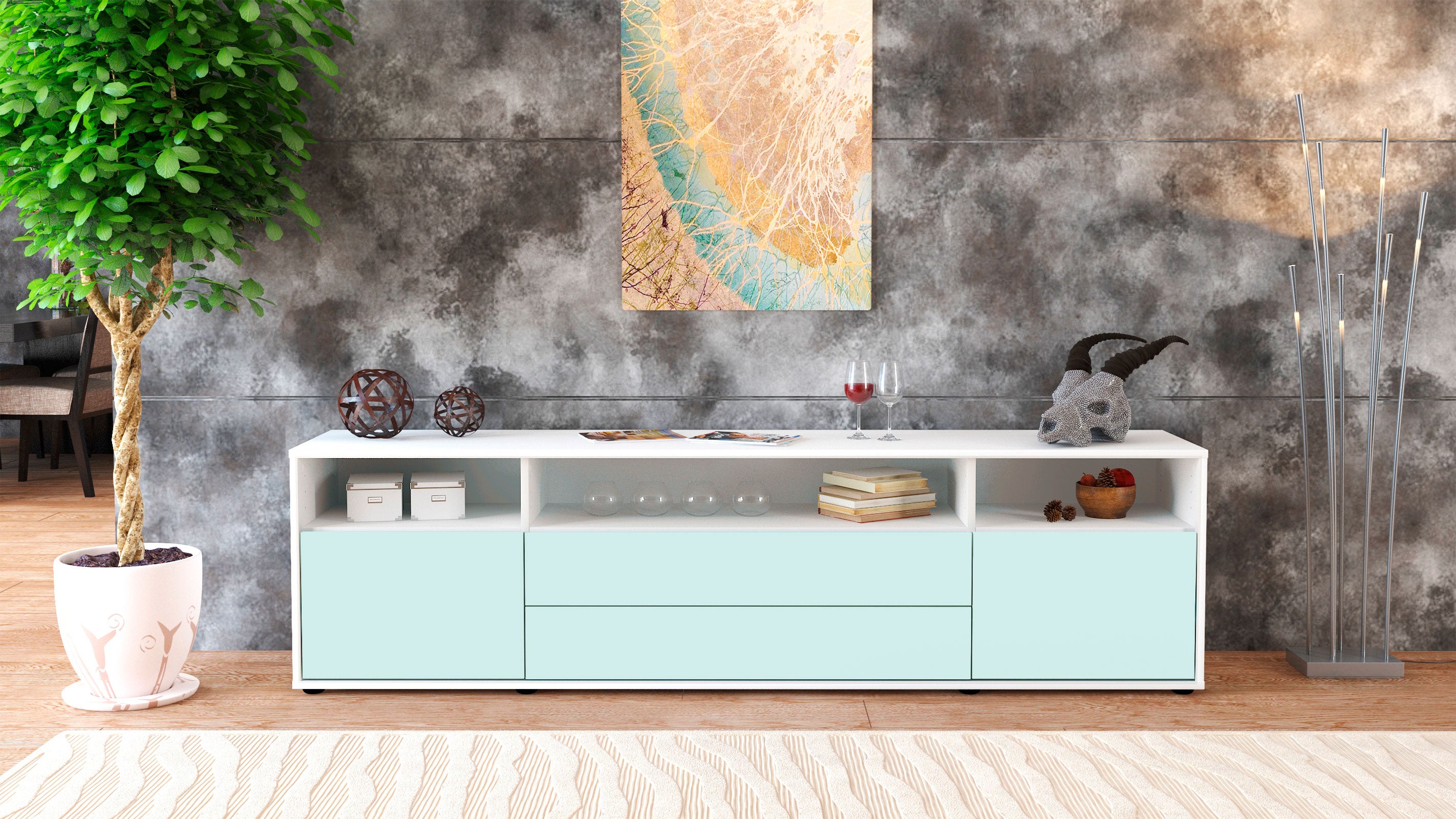 Lowboard - Biancaneve - Design Farbakzent - Freistehend mit Push to Open 180 cm Weiss