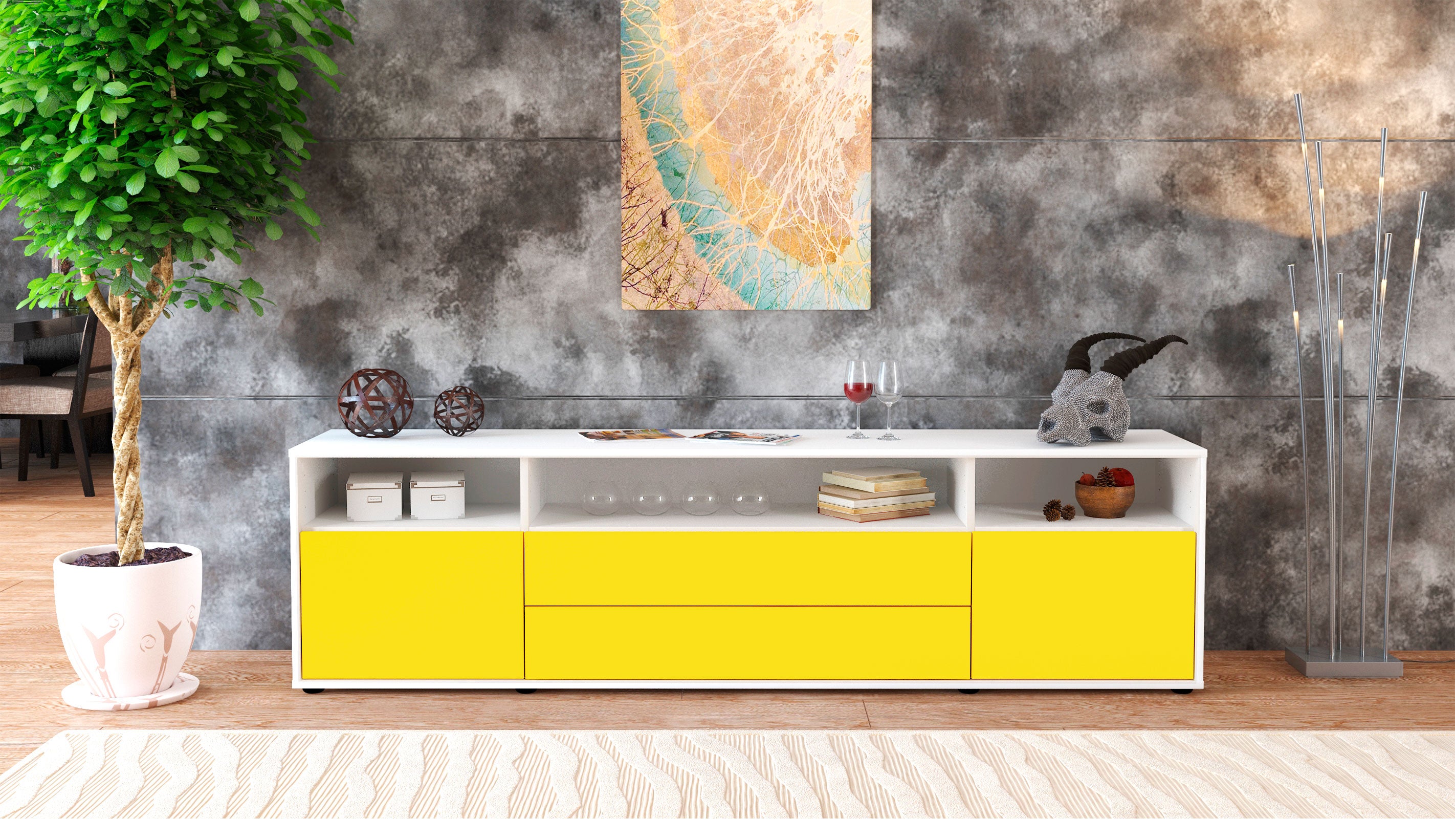 Lowboard - Biancaneve - Design Farbakzent - Freistehend mit Push to Open 180 cm Weiss