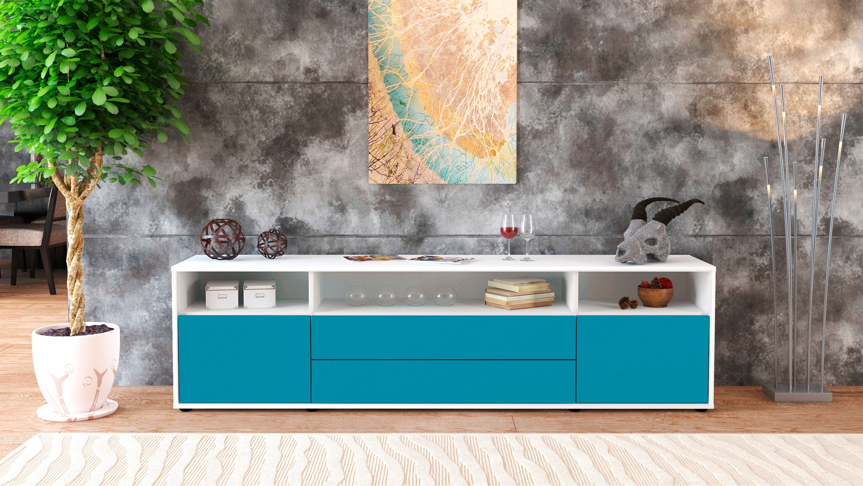 Lowboard - Biancaneve - Design Farbakzent - Freistehend mit Push to Open 180 cm Weiss