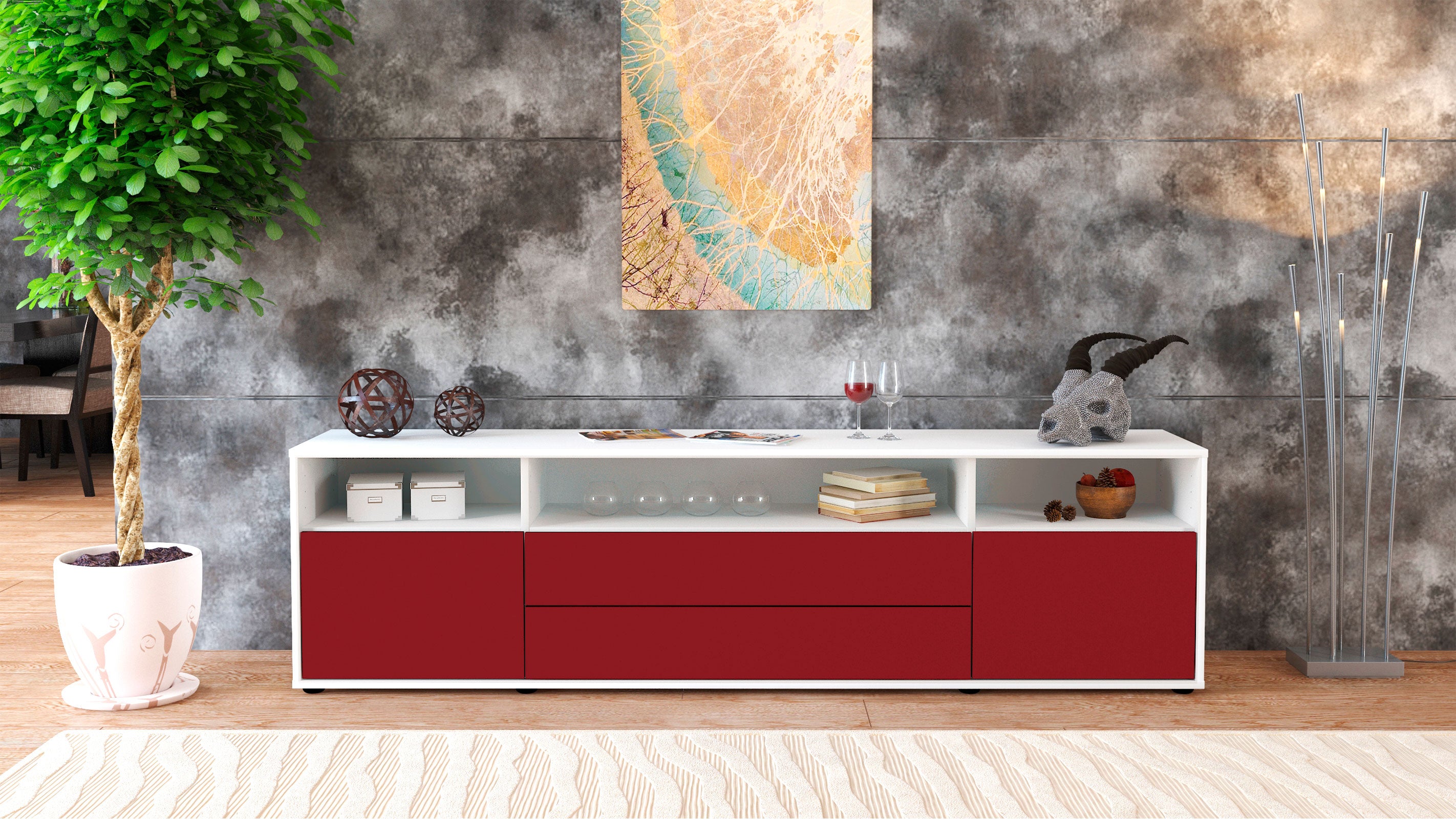 Lowboard - Biancaneve - Design Farbakzent - Freistehend mit Push to Open 180 cm Weiss