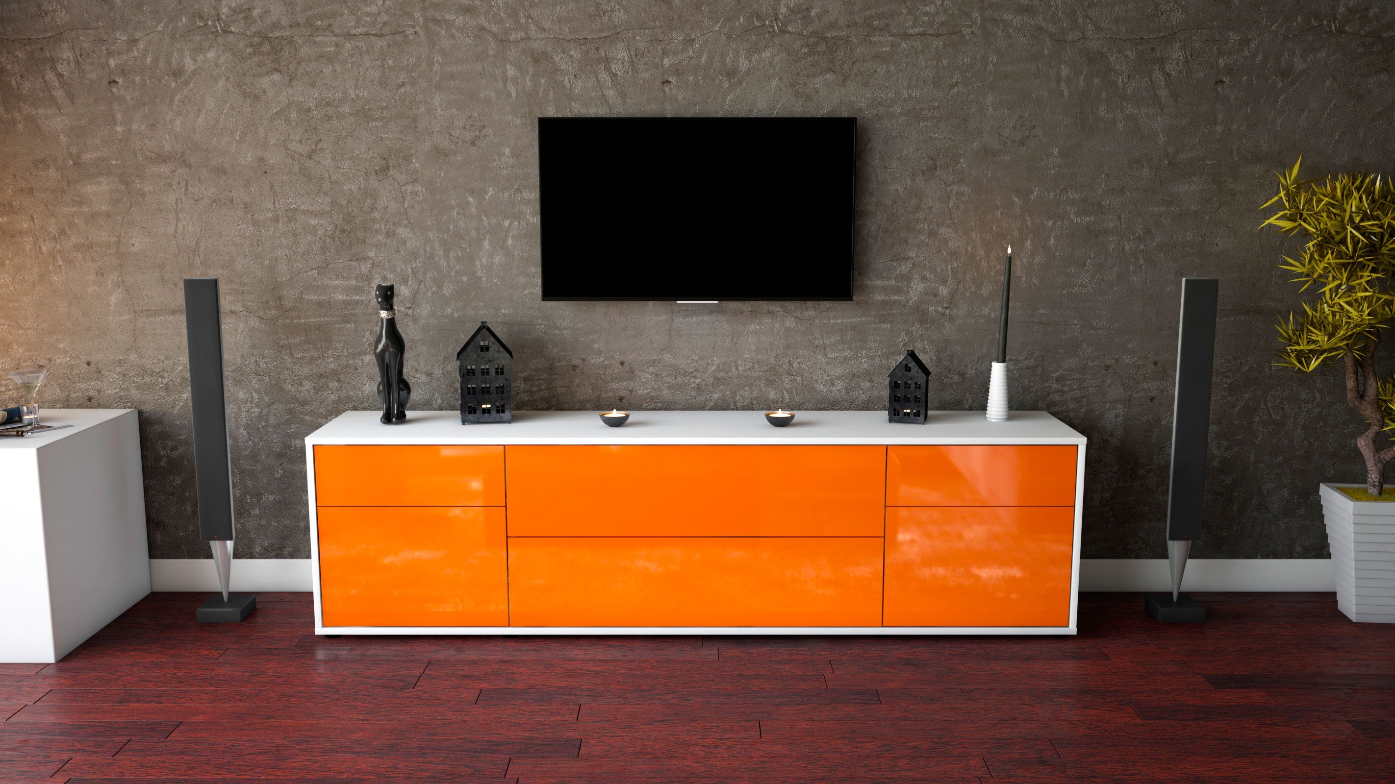 Lowboard - Bibiane - Design Hochglanz - Freistehend mit Push to Open 180 cm Weiss