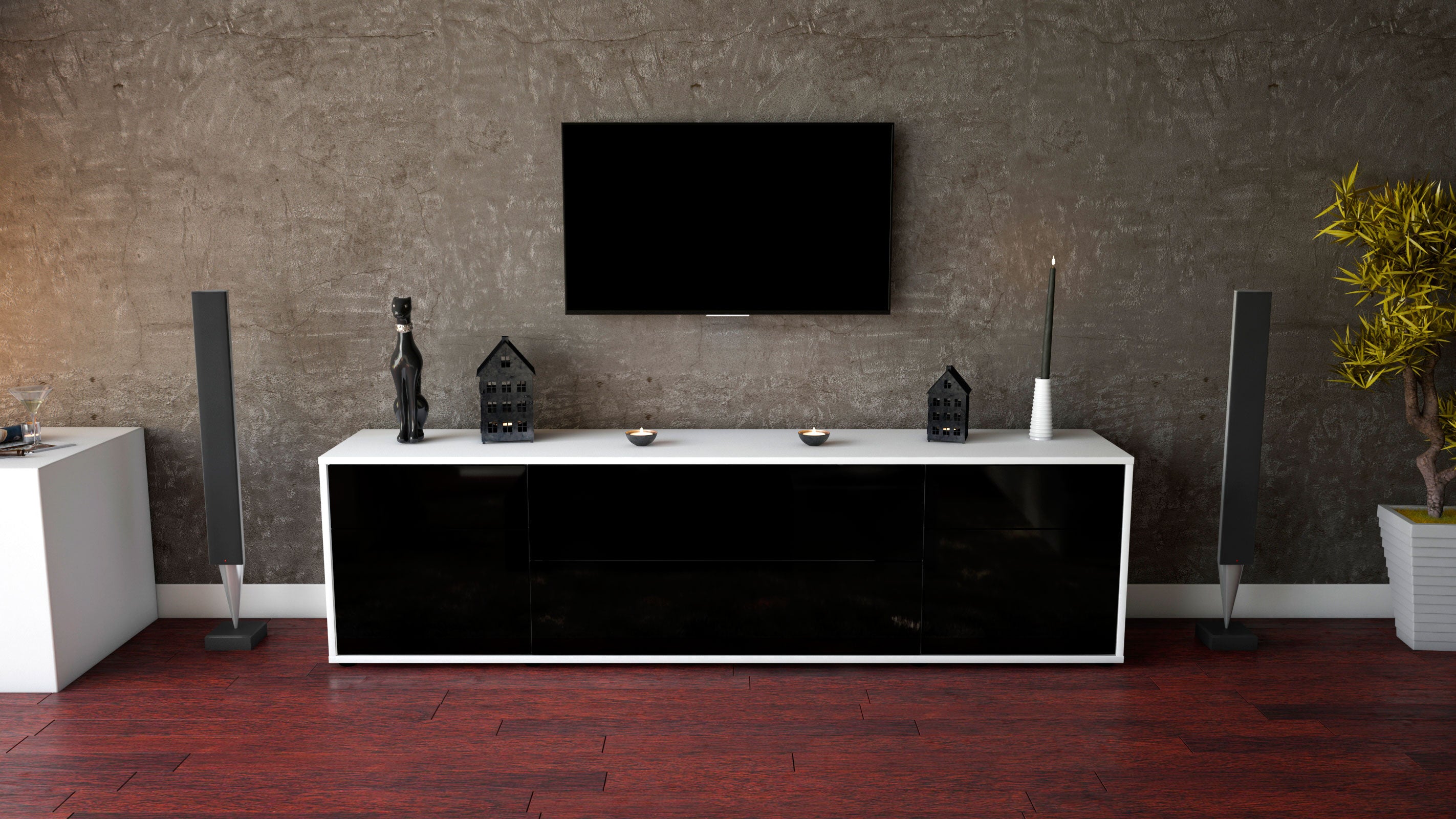 Lowboard - Bibiane - Design Hochglanz - Freistehend mit Push to Open 180 cm Weiss