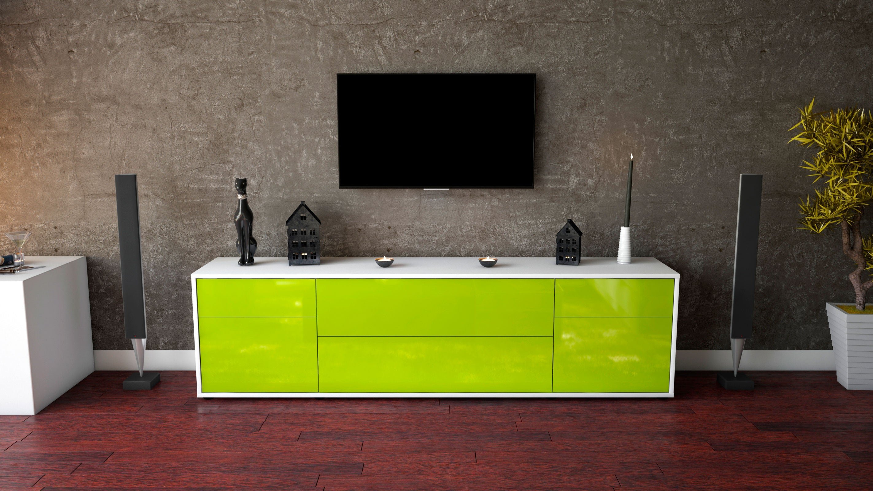 Lowboard - Bibiane - Design Hochglanz - Freistehend mit Push to Open 180 cm Weiss
