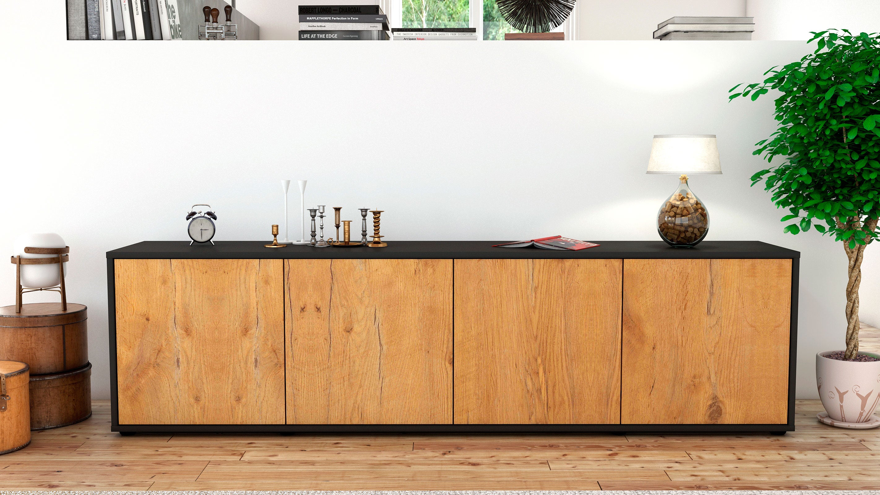 Lowboard - Antonia - Design Holzdekor - Freistehend mit Push to Open 180 cm Anthrazit