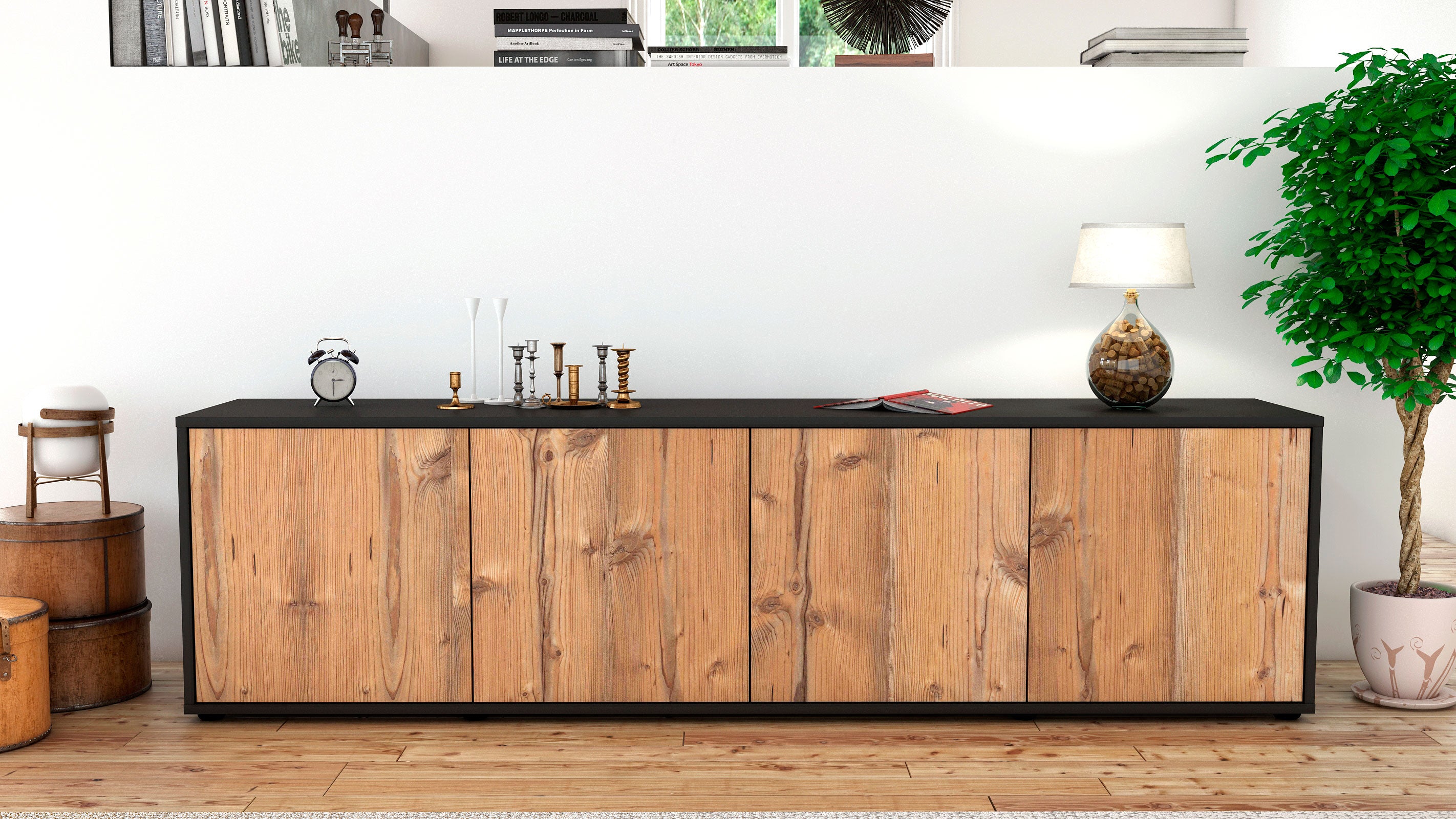 Lowboard - Antonia - Design Holzdekor - Freistehend mit Push to Open 180 cm Anthrazit