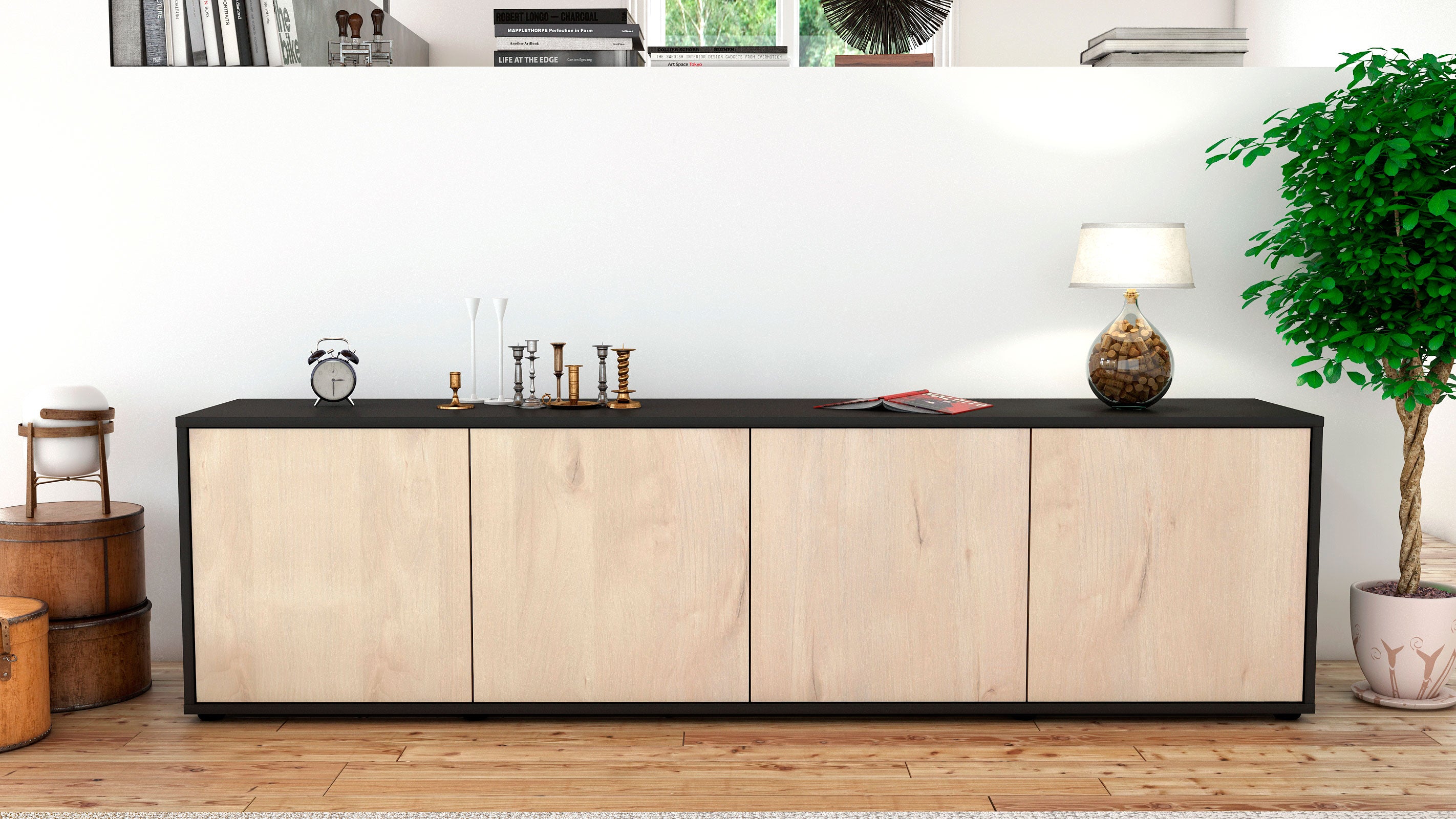 Lowboard - Antonia - Design Holzdekor - Freistehend mit Push to Open 180 cm Anthrazit