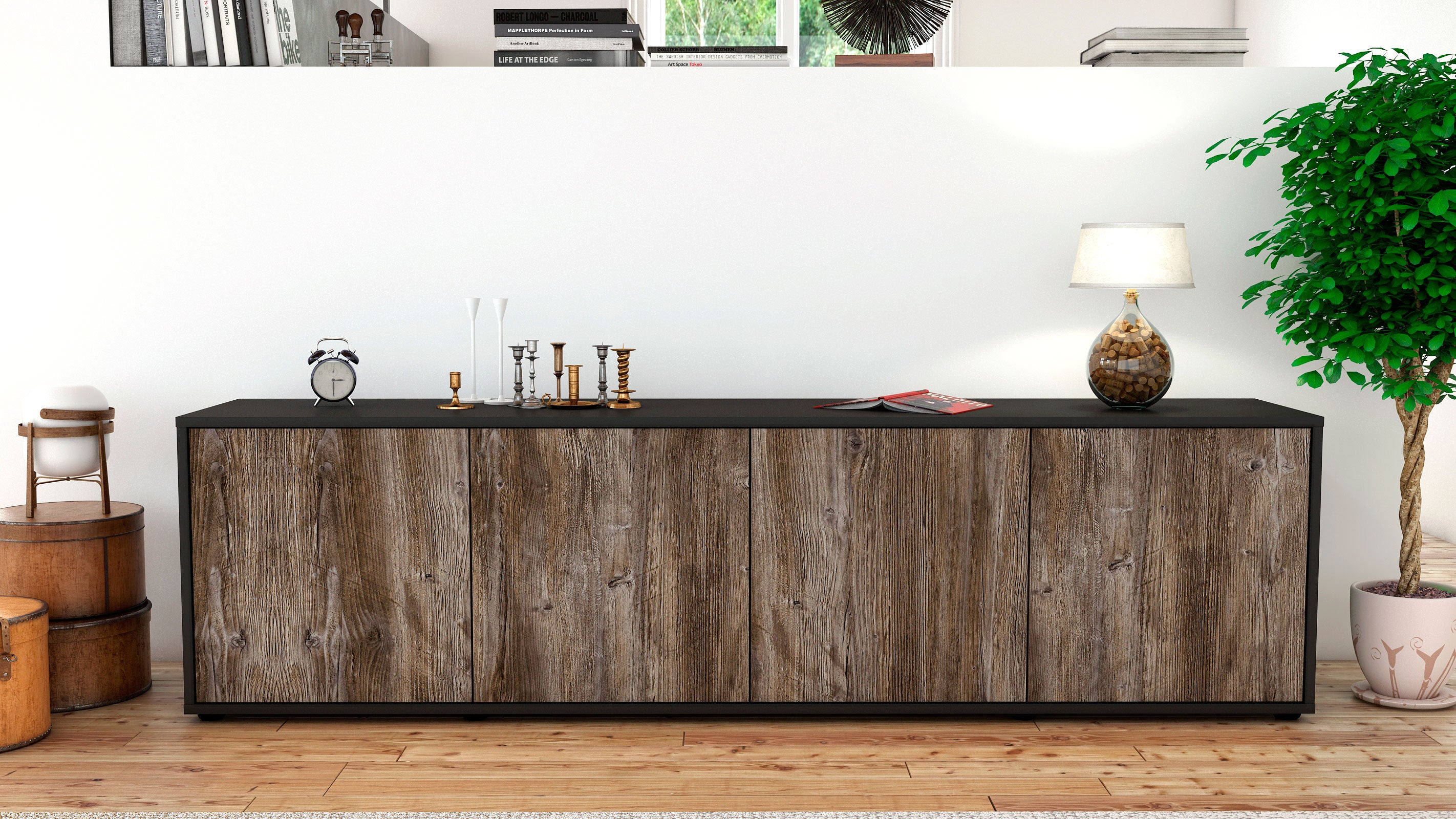 Lowboard - Antonia - Design Holzdekor - Freistehend mit Push to Open 180 cm Anthrazit