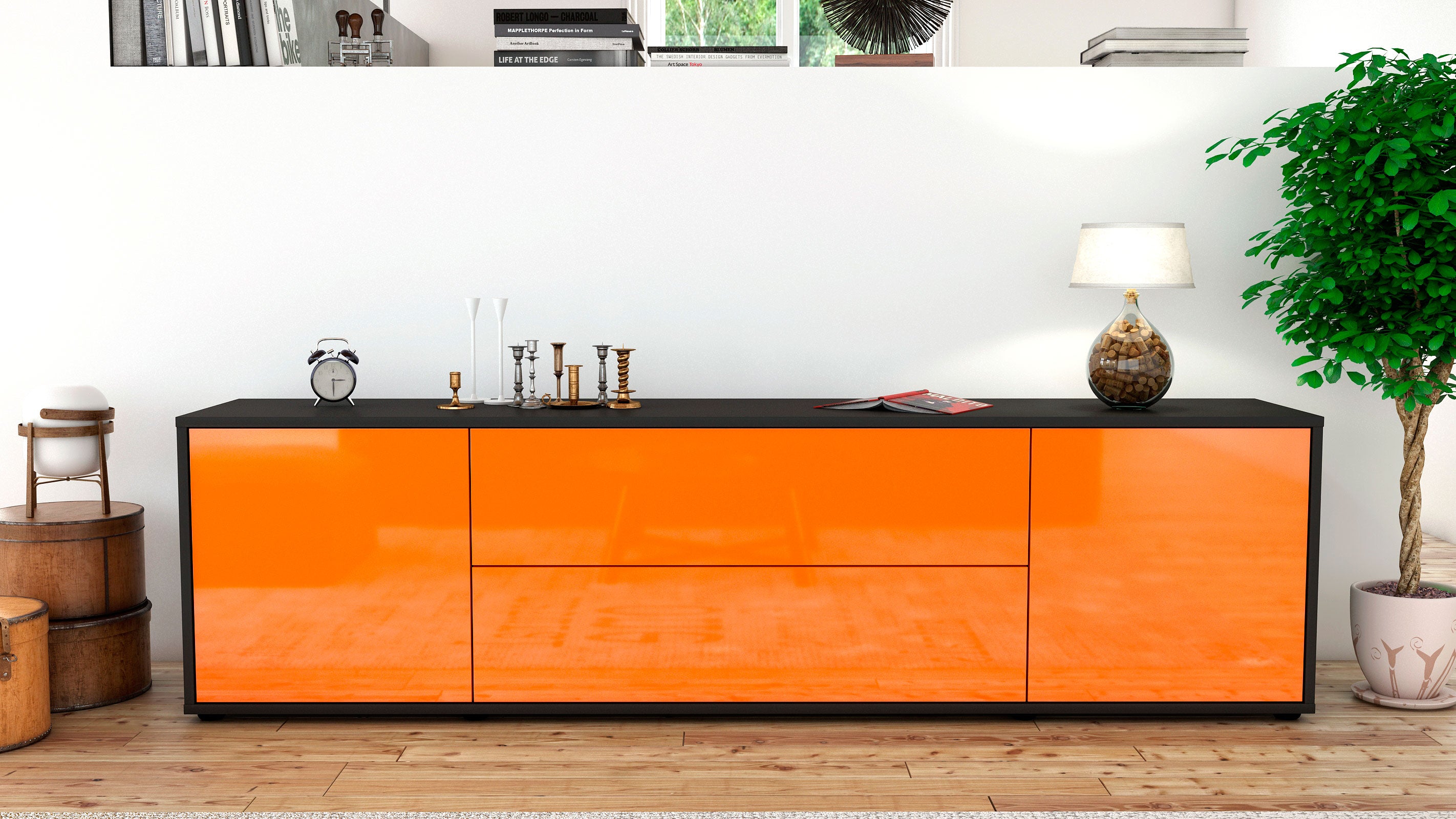Lowboard - Aquilina - Design Hochglanz - Freistehend mit Push to Open 180 cm Anthrazit
