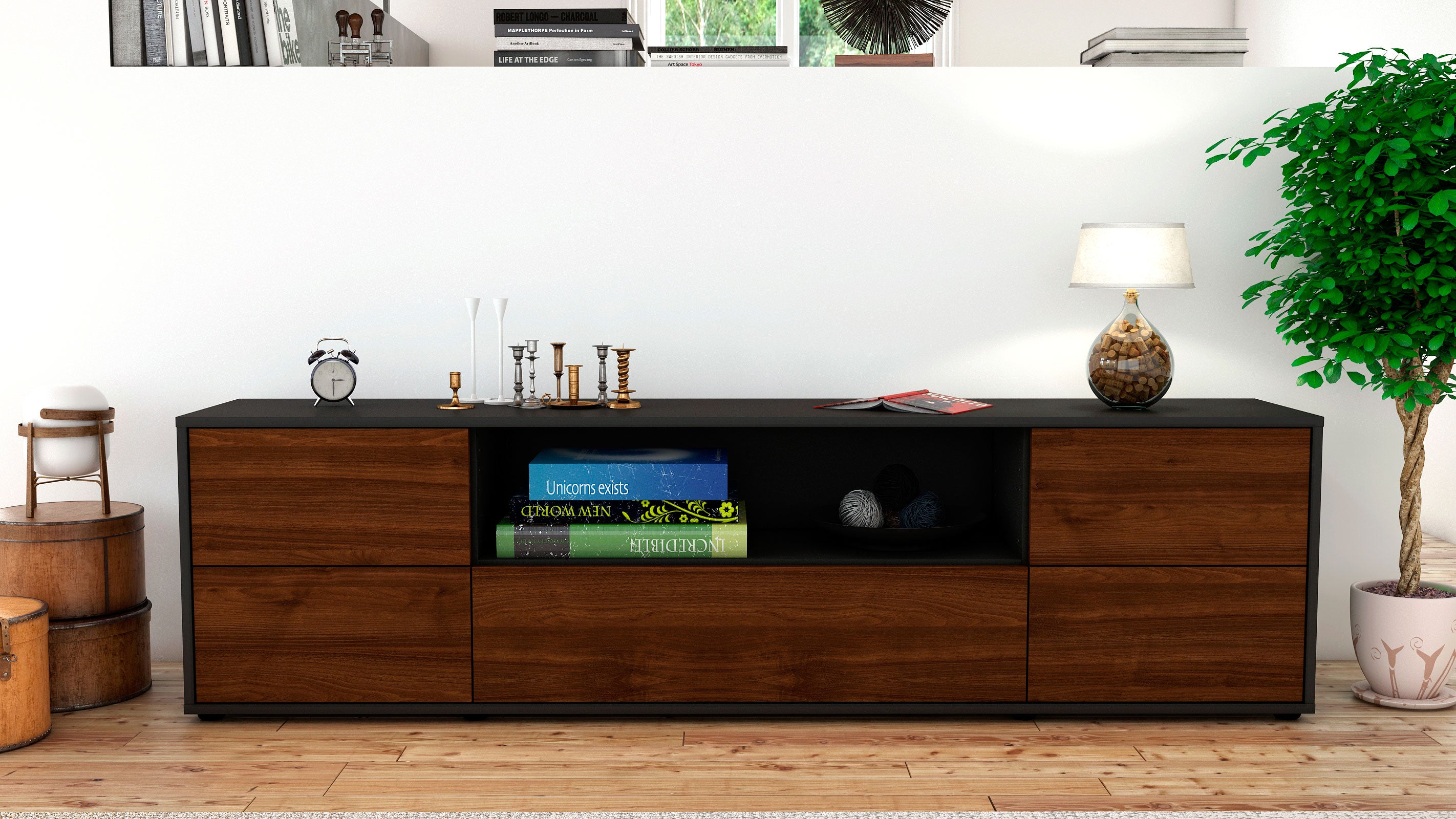 Lowboard - Atlanta - Design Holzdekor - Freistehend mit Push to Open 180 cm Anthrazit