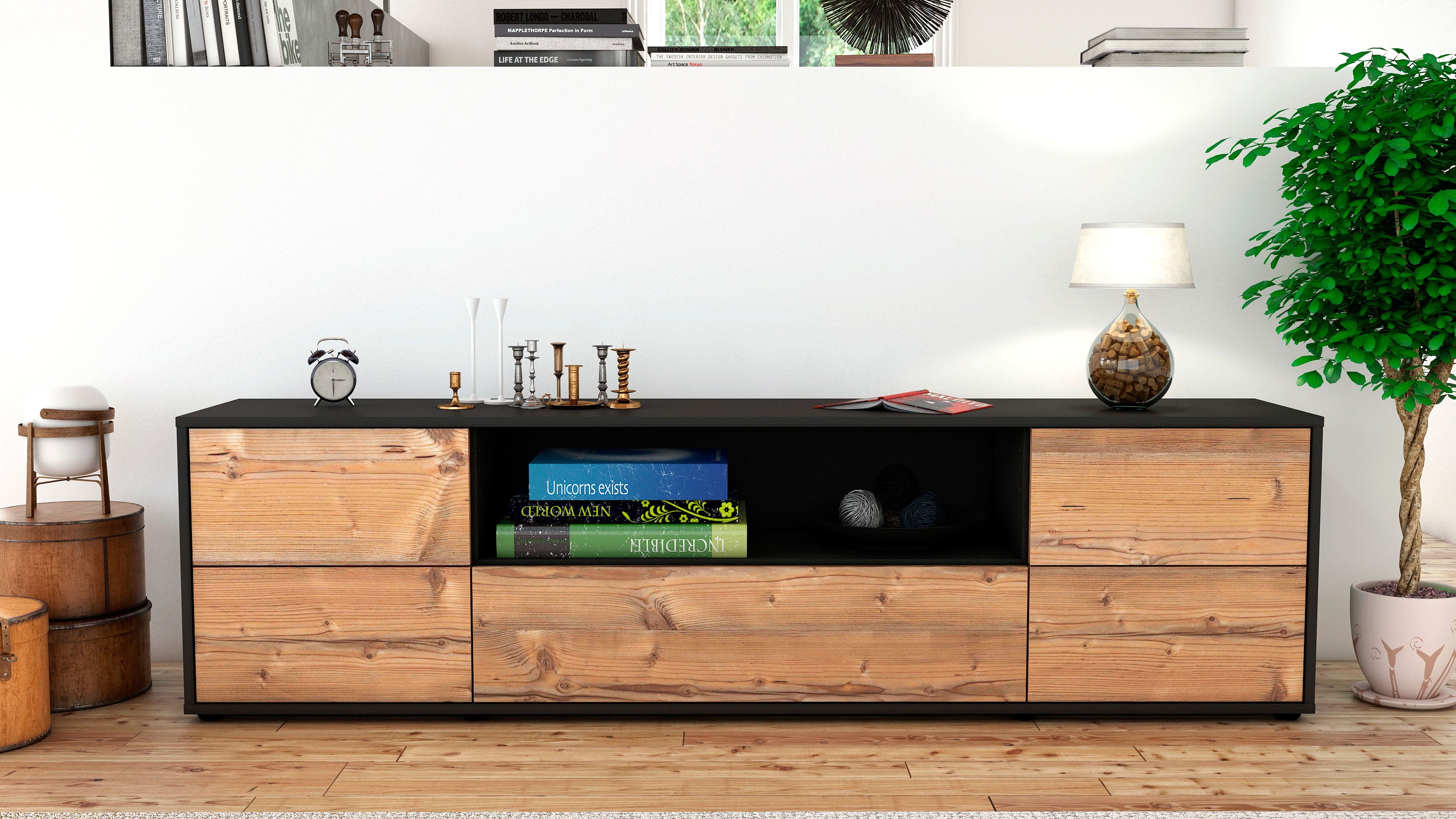 Lowboard - Atlanta - Design Holzdekor - Freistehend mit Push to Open 180 cm Anthrazit