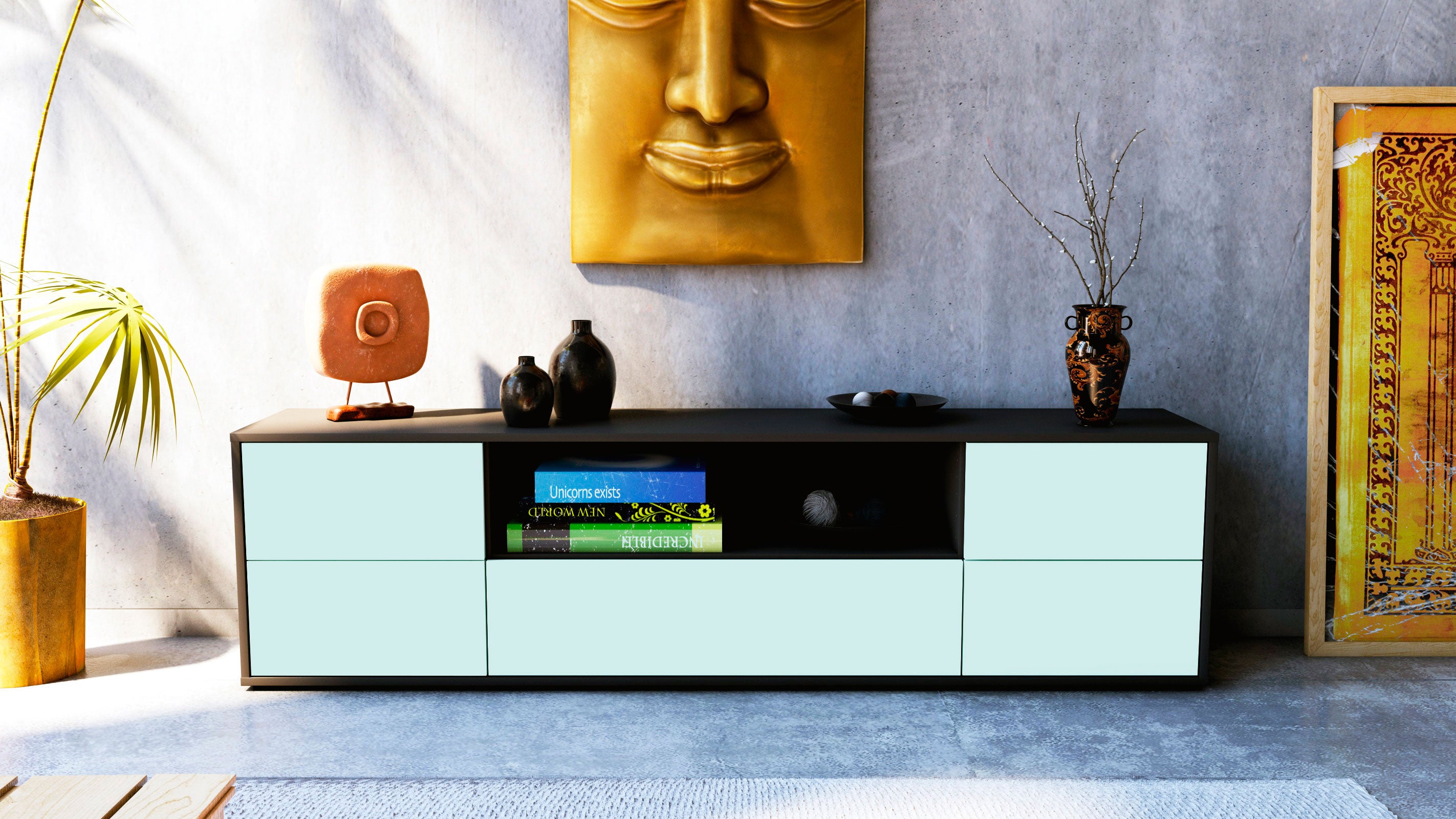 Lowboard - Atlanta - Design Farbakzent - Freistehend mit Push to Open 180 cm Anthrazit