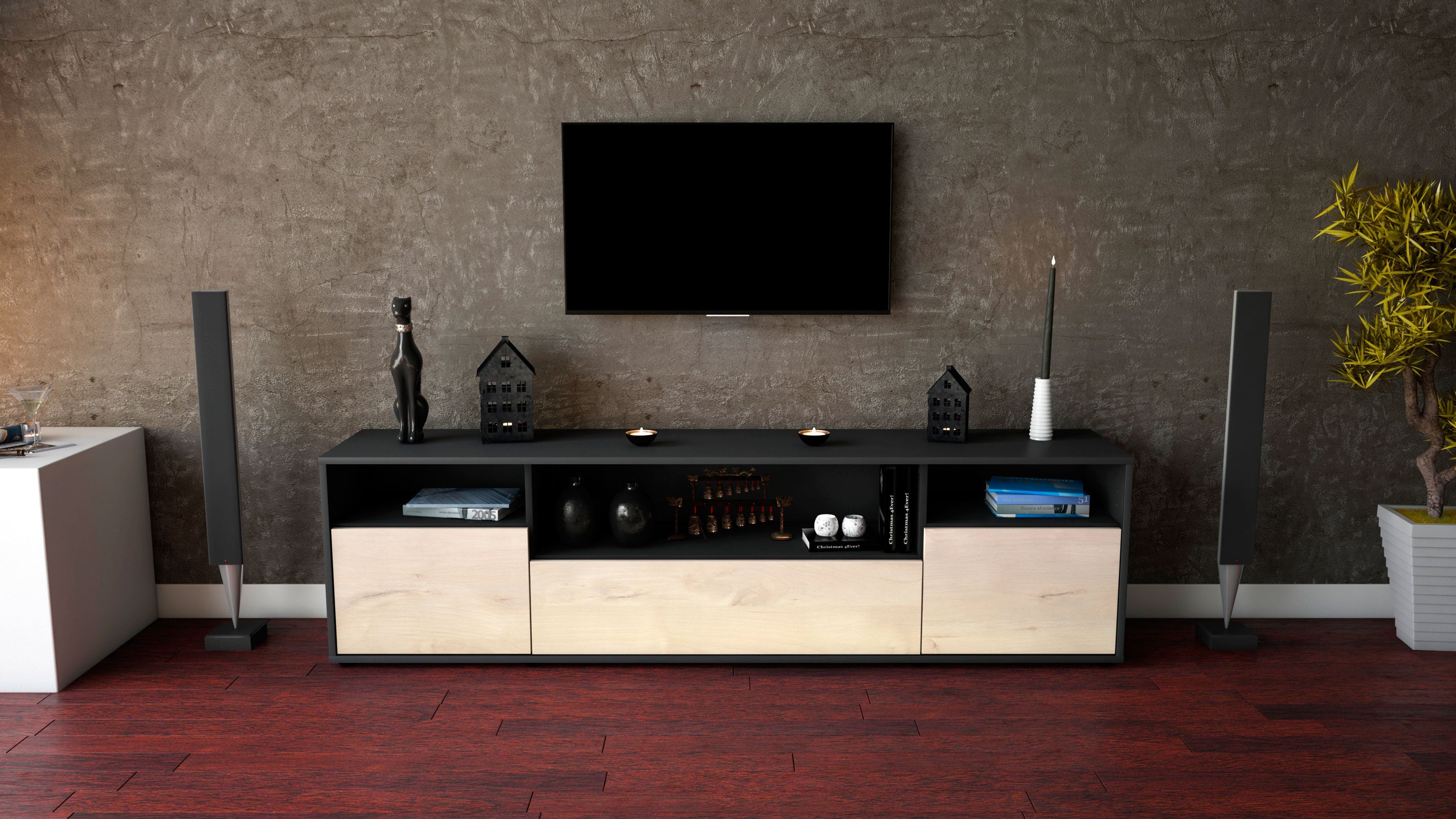 Lowboard - Bionda - Design Holzdekor - Freistehend mit Push to Open 180 cm Anthrazit