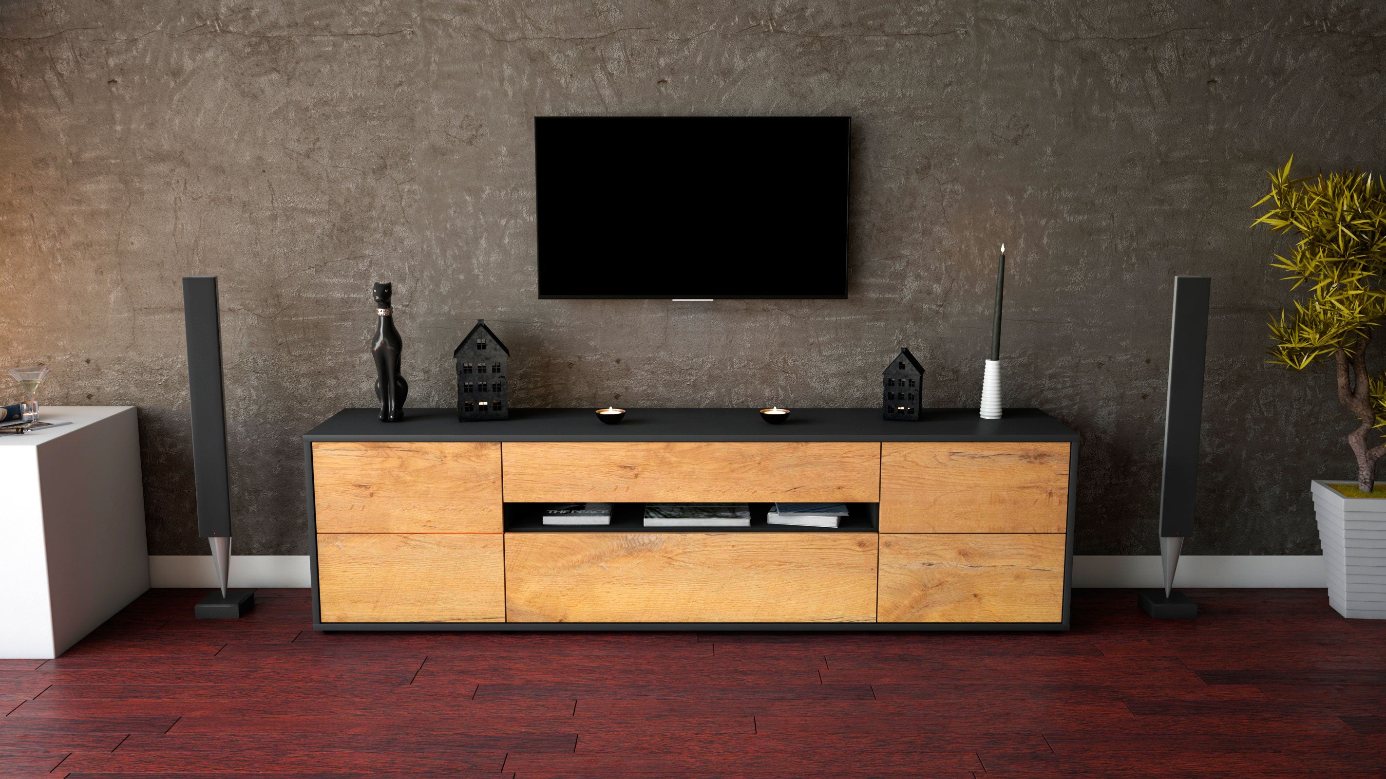 Lowboard - Bjonda - Design Holzdekor - Freistehend mit Push to Open 180 cm Anthrazit