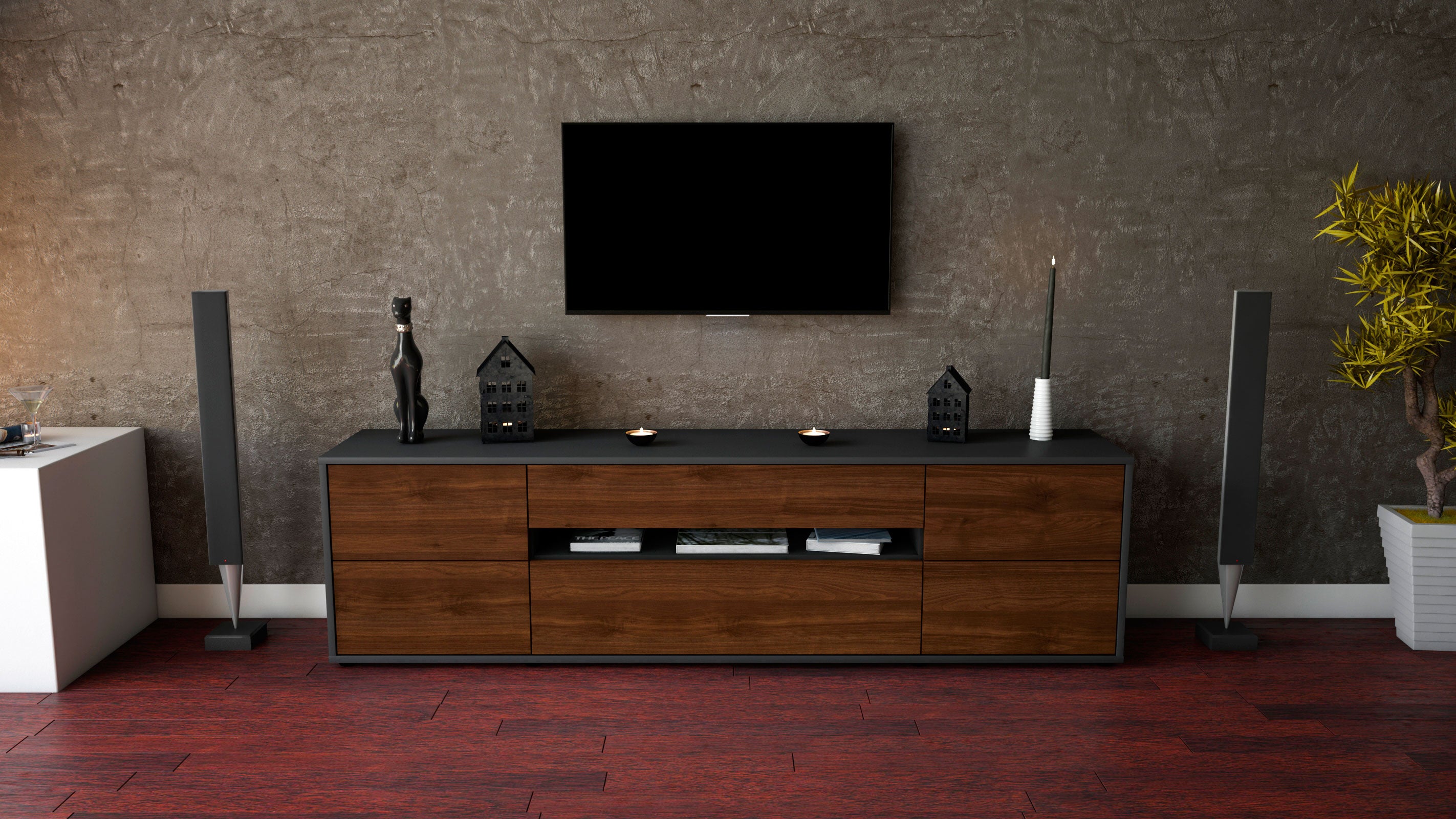 Lowboard - Bjonda - Design Holzdekor - Freistehend mit Push to Open 180 cm Anthrazit