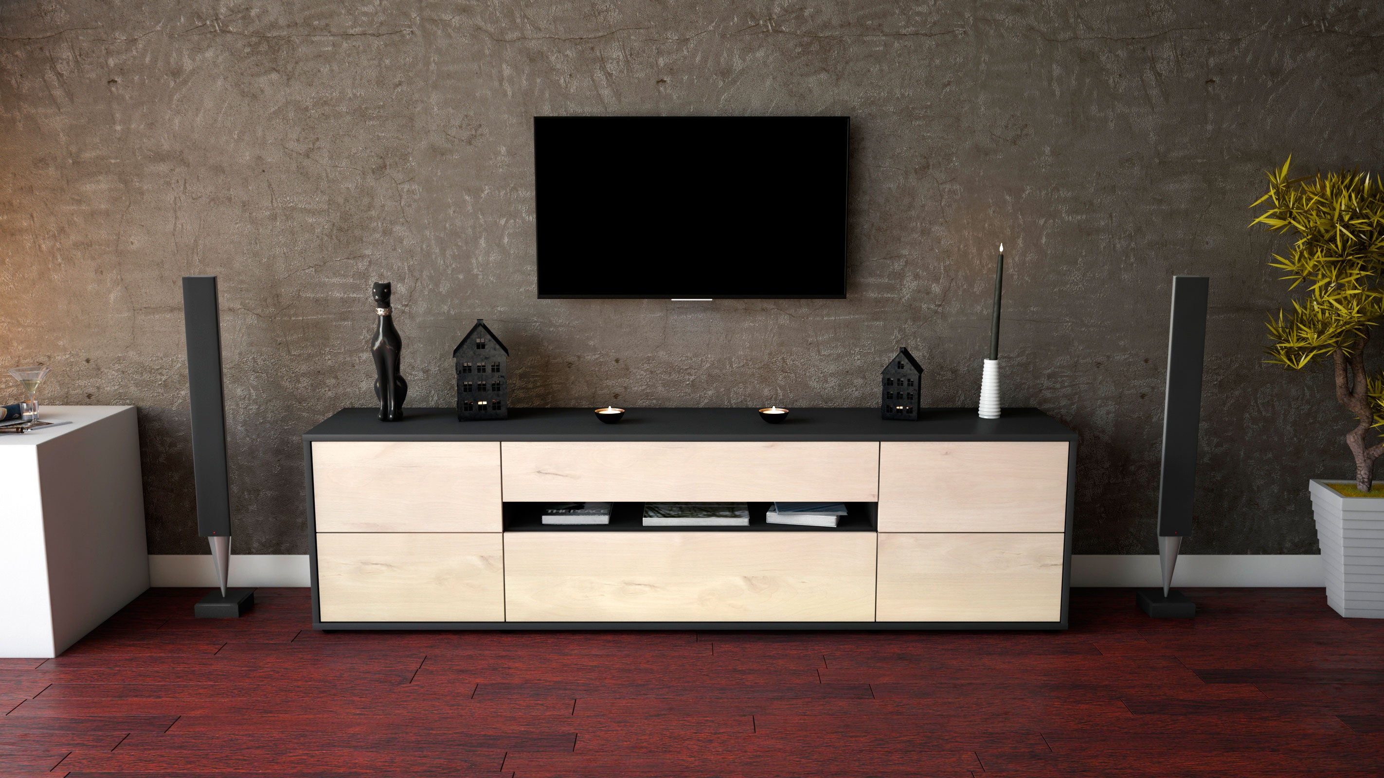 Lowboard - Bjonda - Design Holzdekor - Freistehend mit Push to Open 180 cm Anthrazit