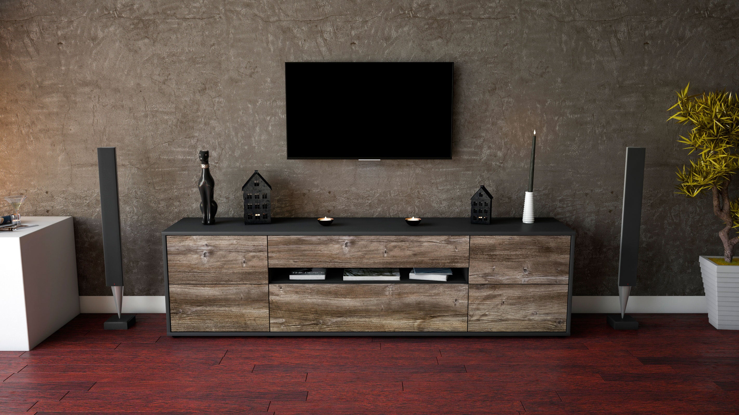 Lowboard - Bjonda - Design Holzdekor - Freistehend mit Push to Open 180 cm Anthrazit