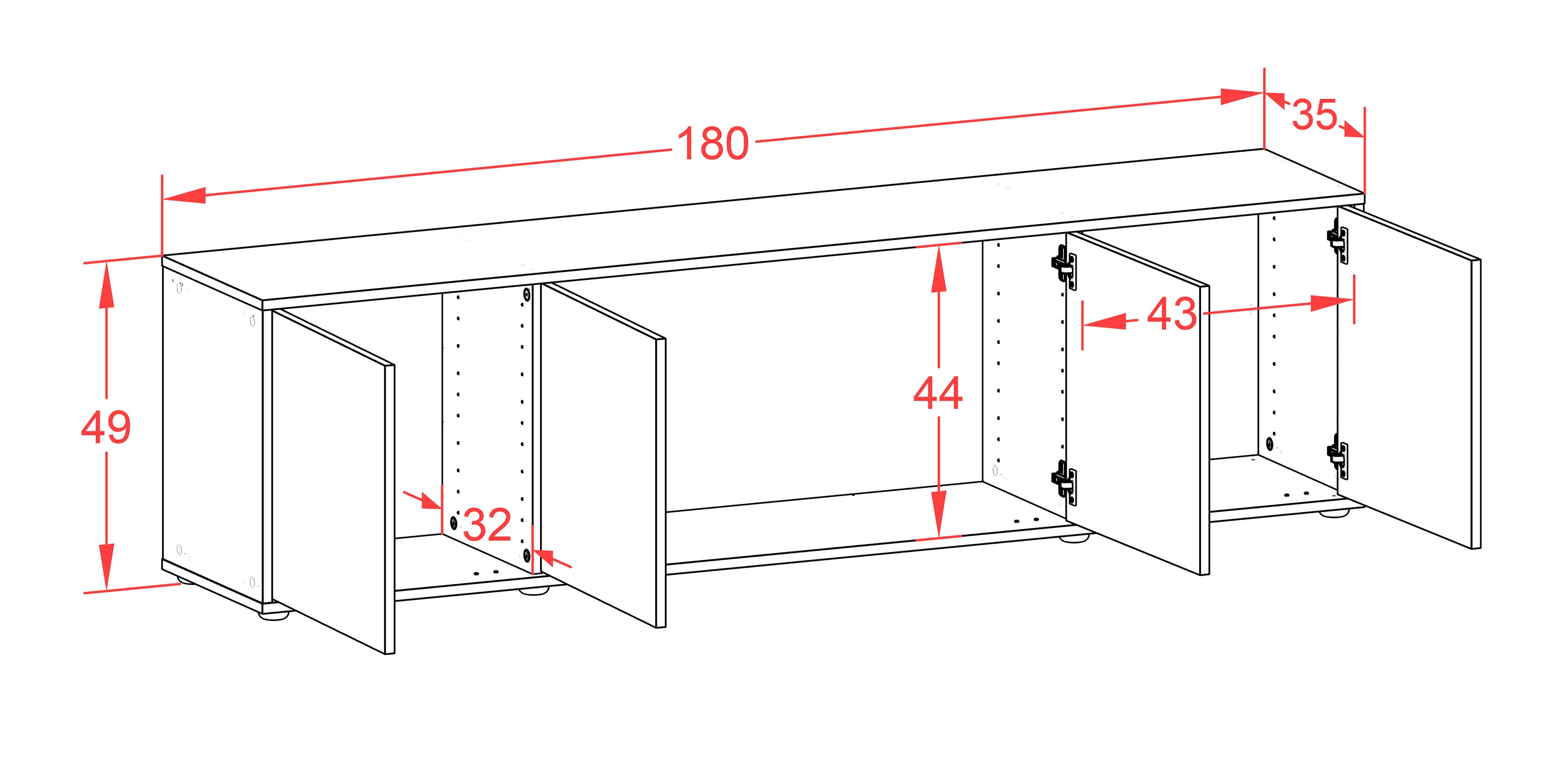 Lowboard - Antonia - Design Holzdekor - Freistehend mit Push to Open 180 cm Weiss