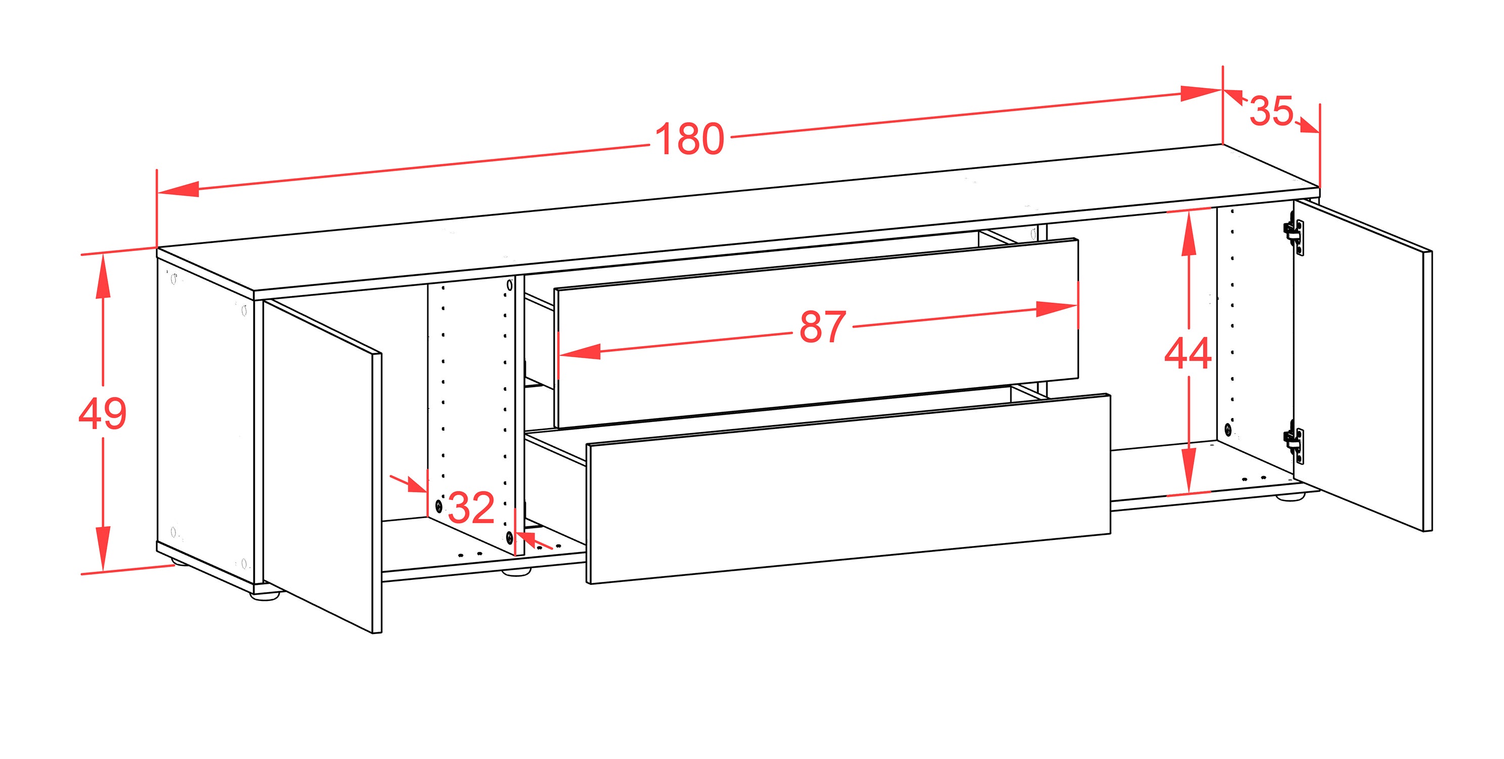 Lowboard - Aquilina - Design Hochglanz - Freistehend mit Push to Open 180 cm Weiss