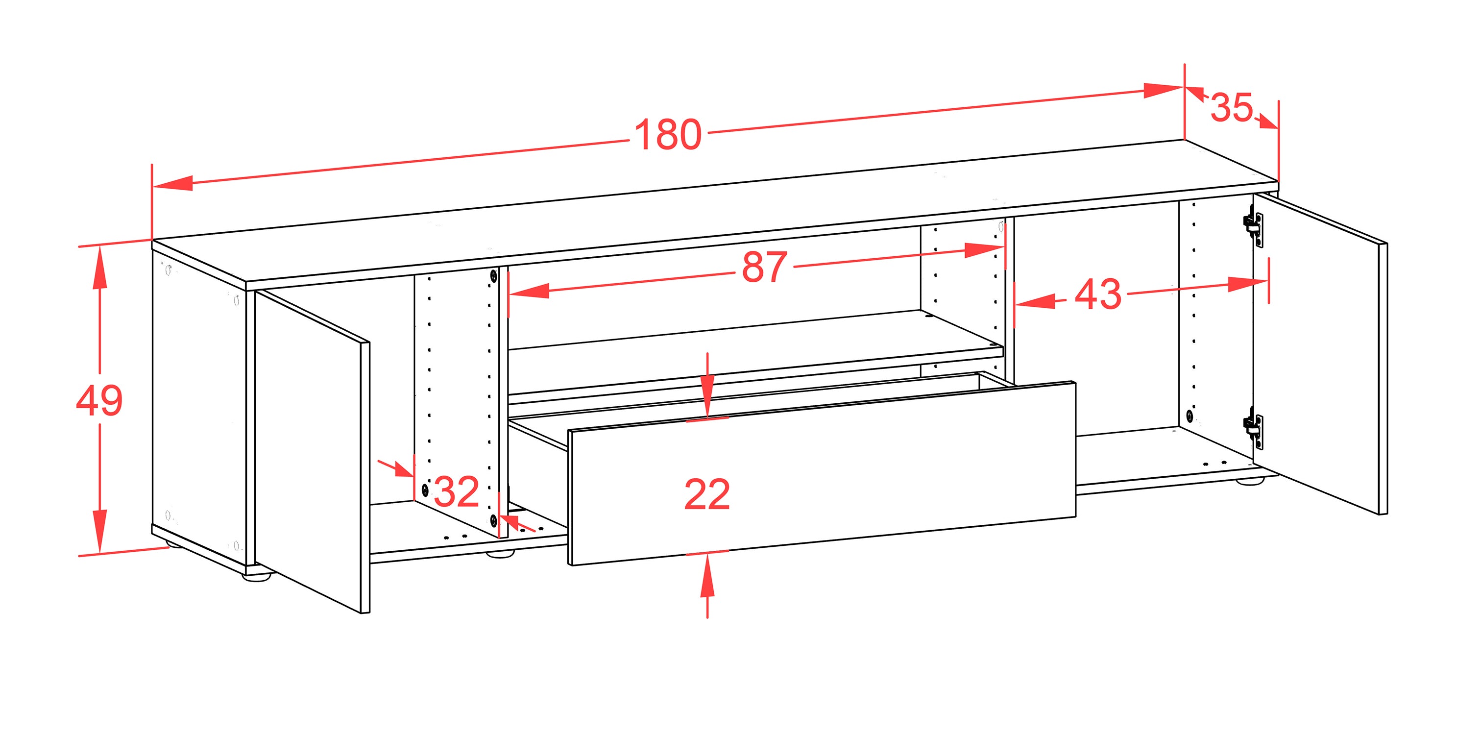 Lowboard - Arbnora - Design Farbakzent - Freistehend mit Push to Open 180 cm Weiss