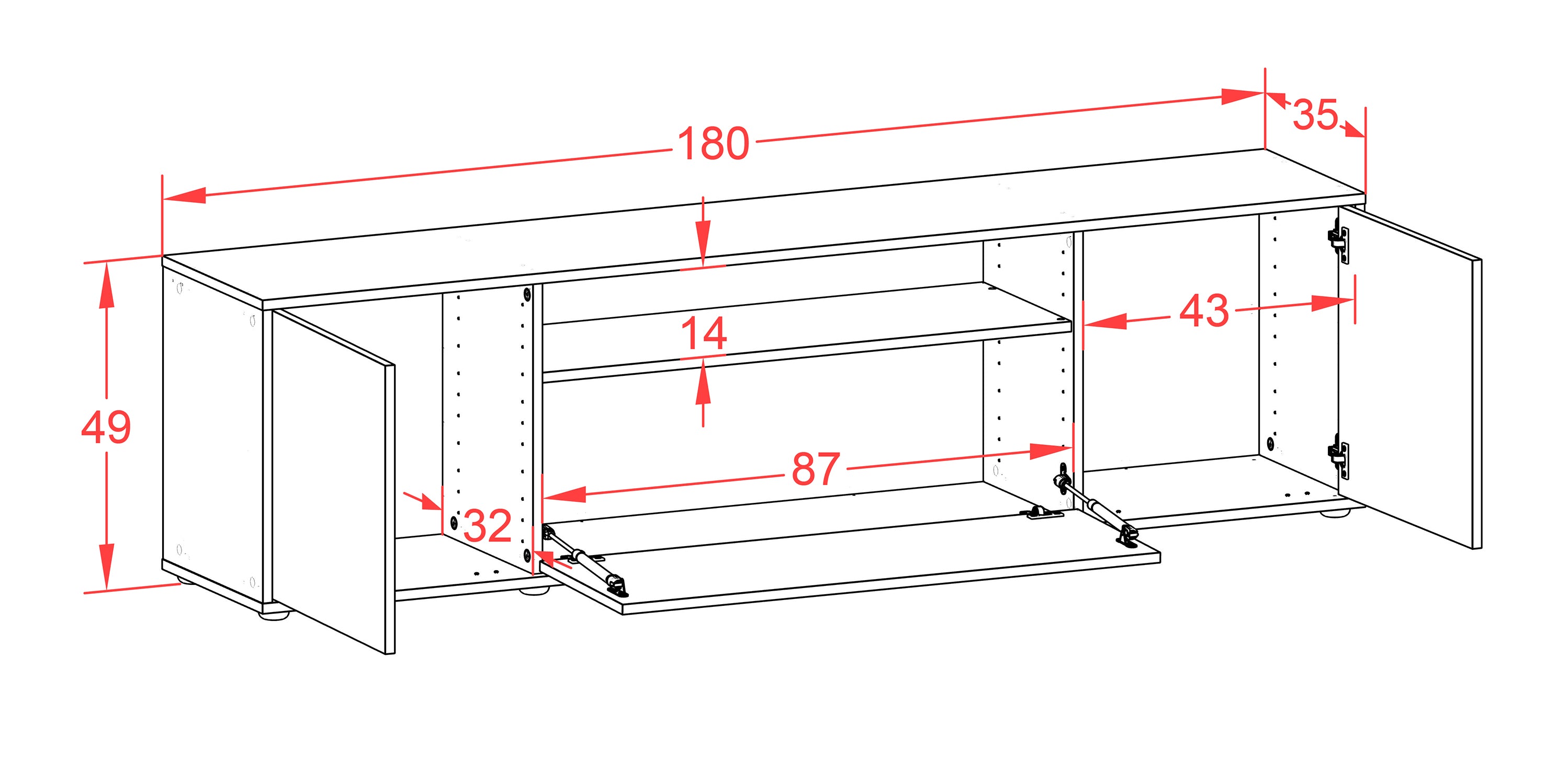 Lowboard - Ariana - Design Holzdekor - Freistehend mit Push to Open 180 cm Weiss