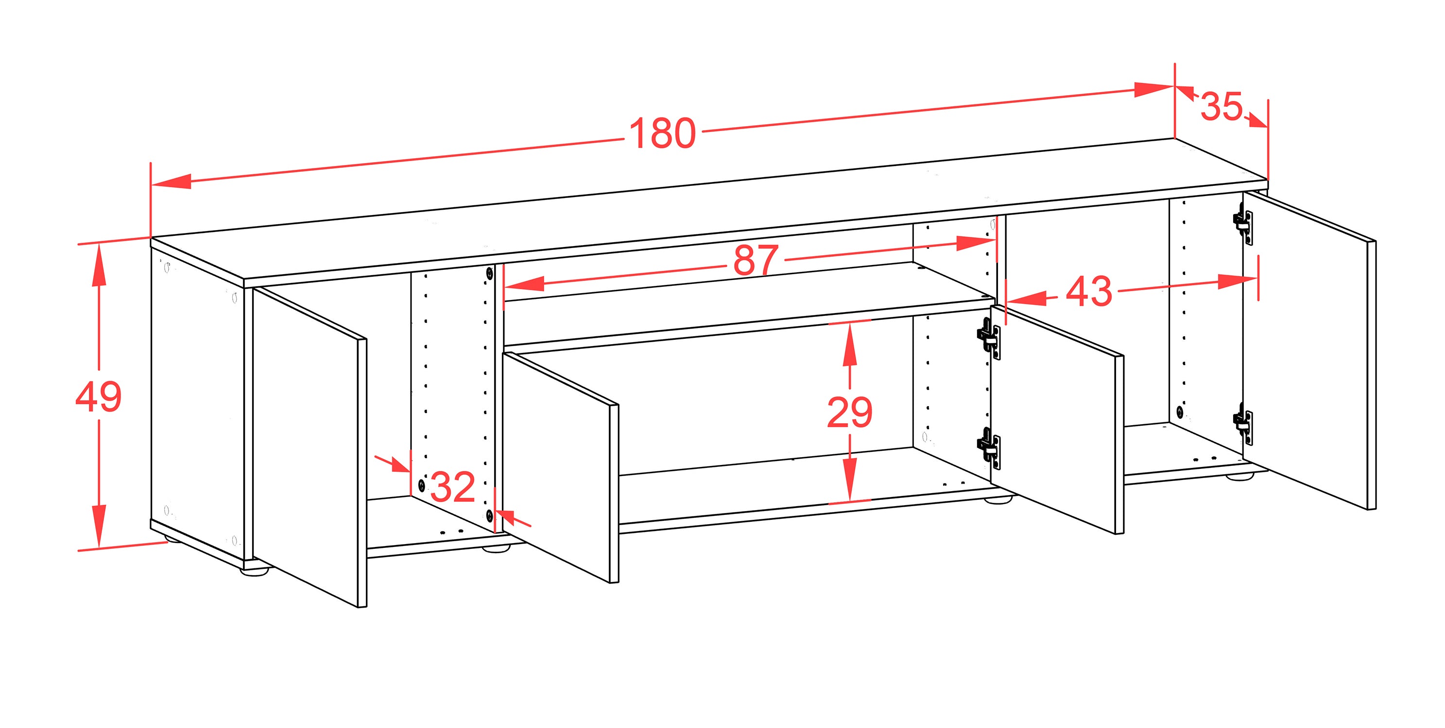 Lowboard - Arianna - Design Hochglanz - Freistehend mit Push to Open 180 cm Weiss