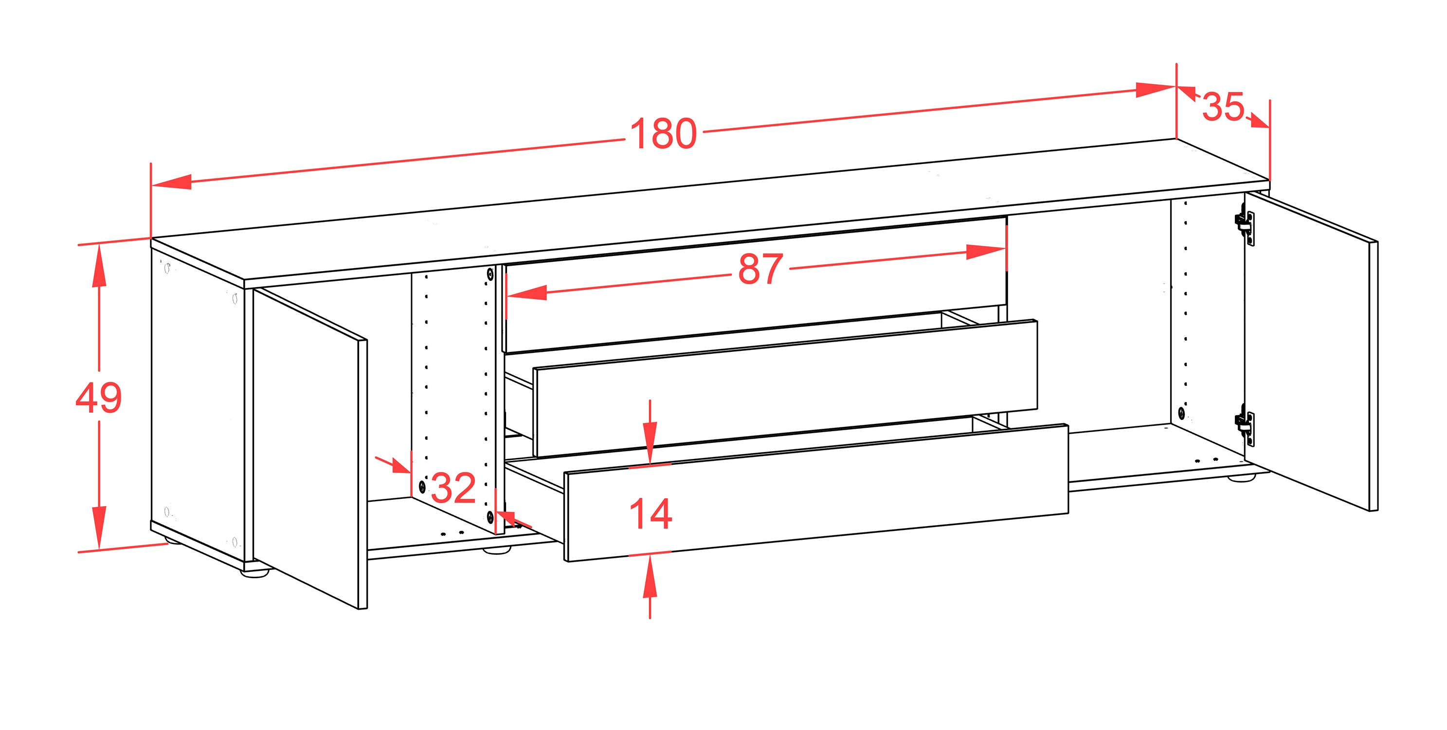 Lowboard - Ariella - Design Hochglanz - Freistehend mit Push to Open 180 cm Weiss