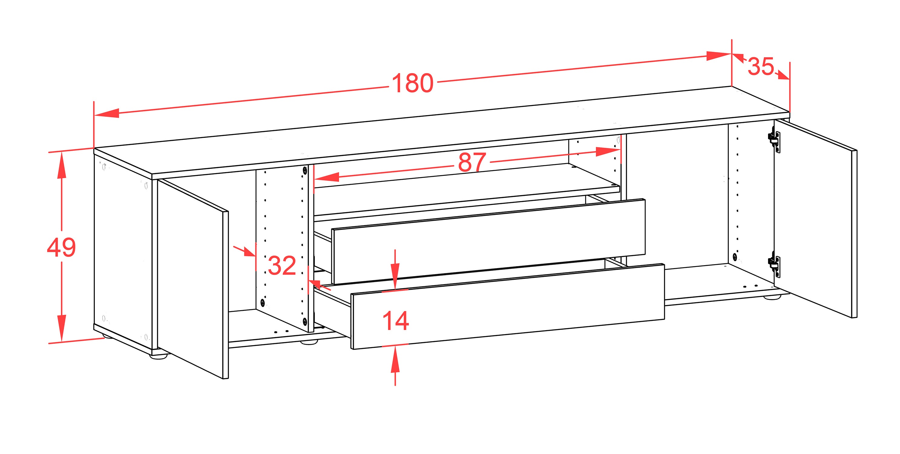 Lowboard - Armanda - Design Farbakzent - Freistehend mit Push to Open 180 cm Weiss