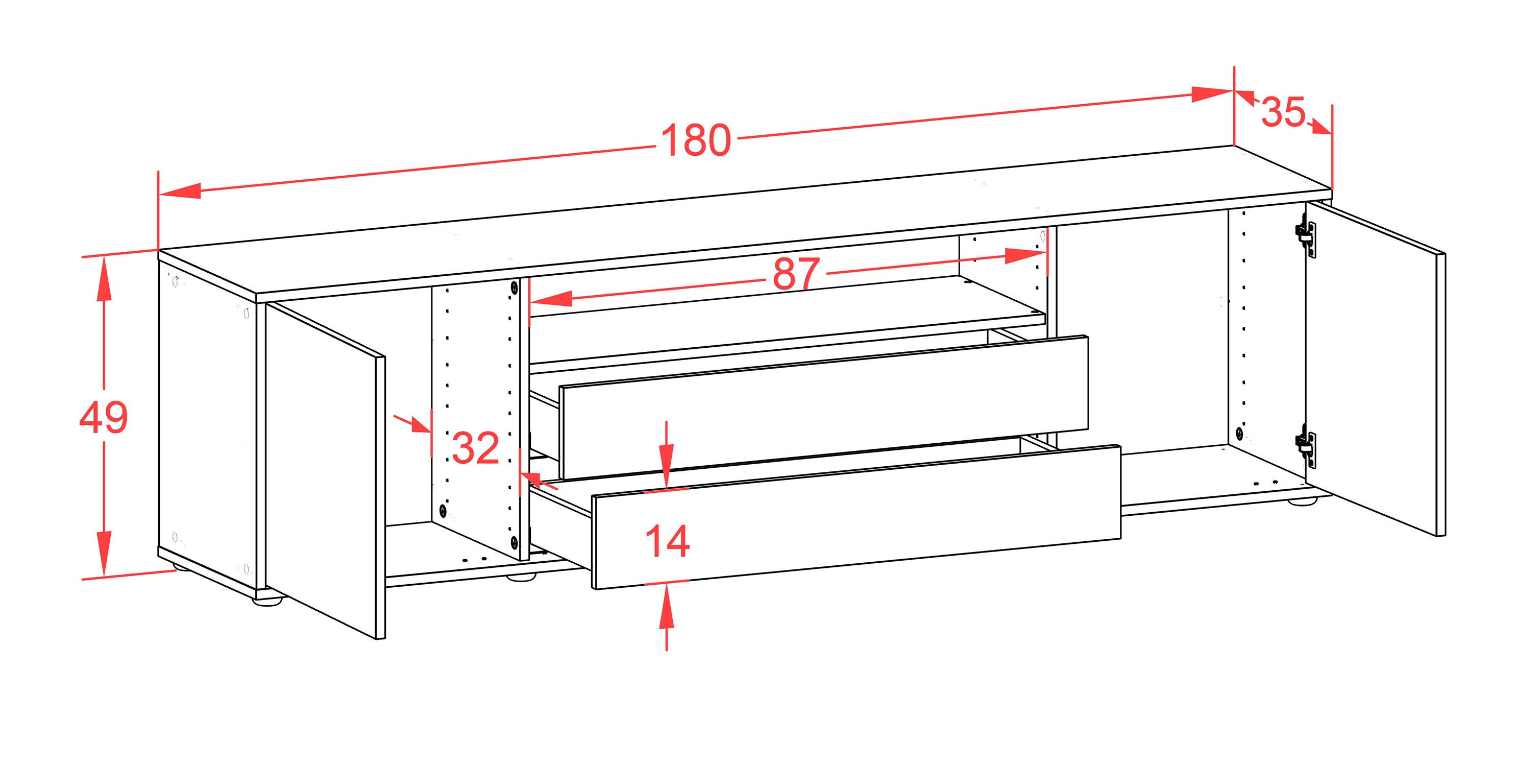 Lowboard - Armanda - Design Holzdekor - Freistehend mit Push to Open 180 cm Weiss