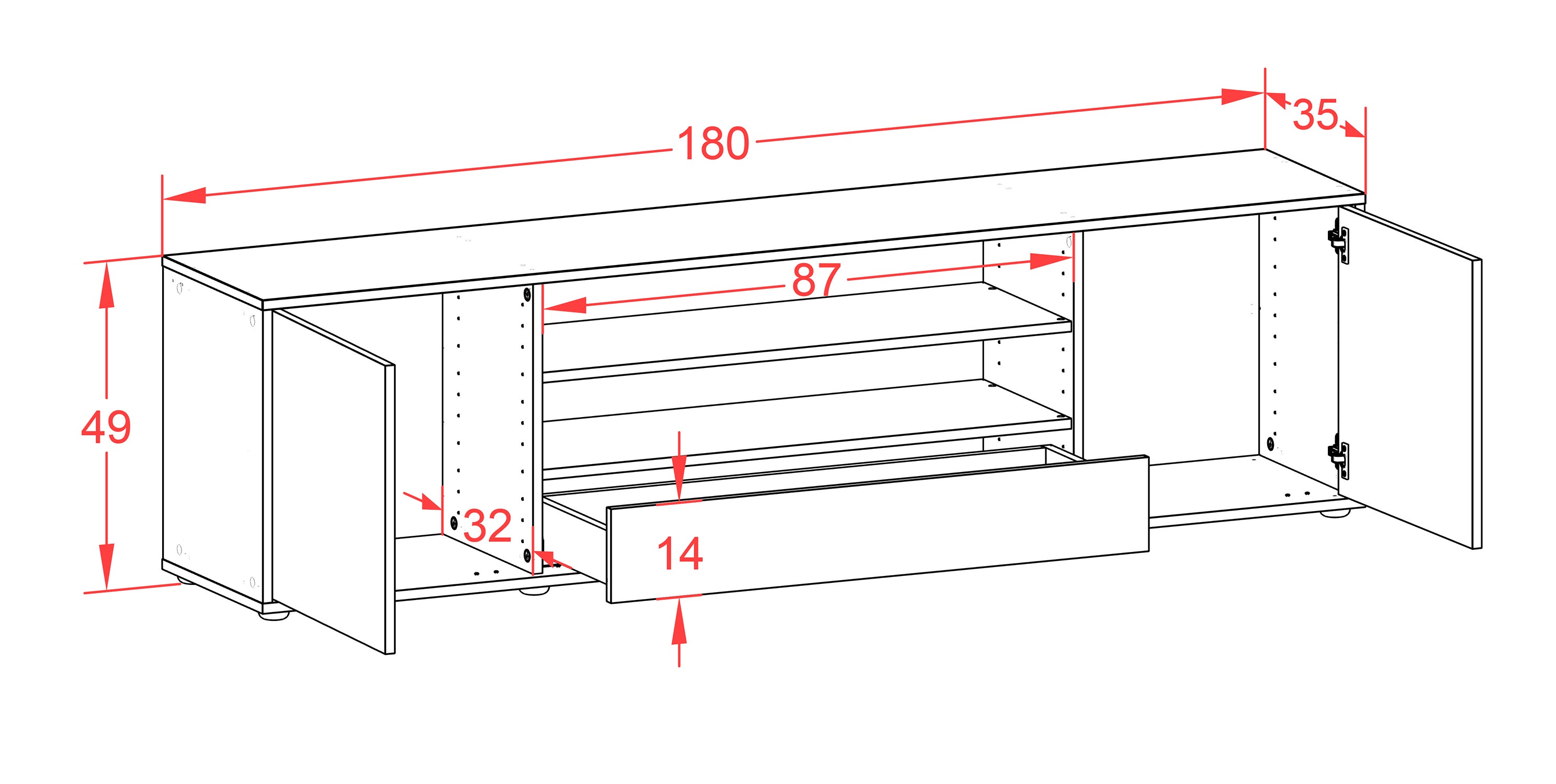 Lowboard - Armida - Design Farbakzent - Freistehend mit Push to Open 180 cm Weiss