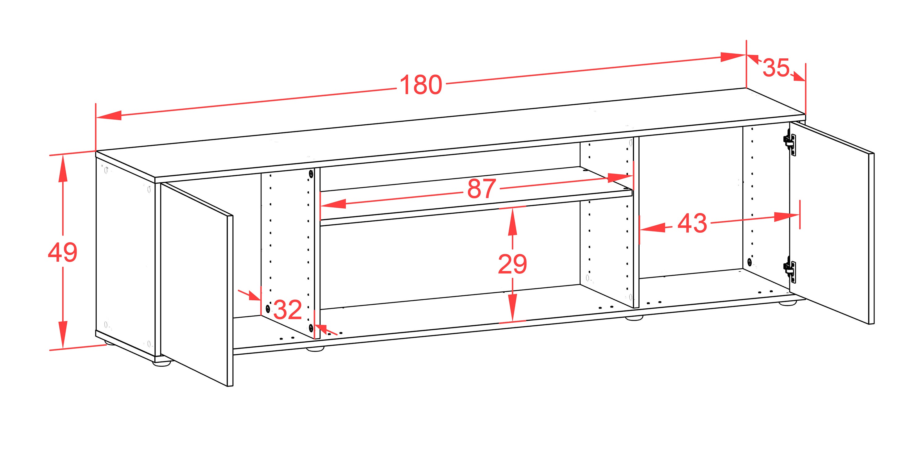 Lowboard - Asia - Design Hochglanz - Freistehend mit Push to Open 180 cm Weiss