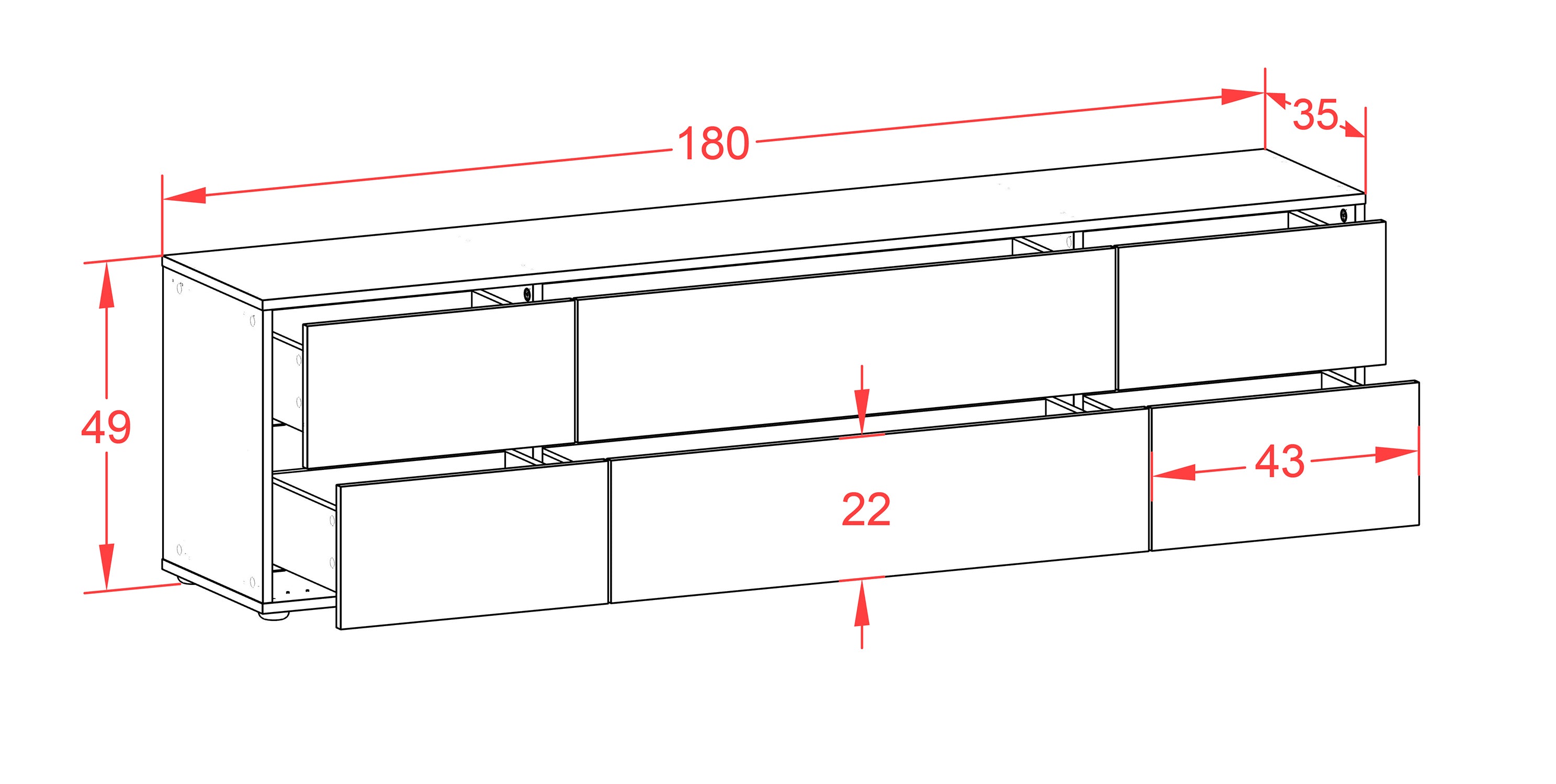 Lowboard - Assunta - Design Hochglanz - Freistehend mit Push to Open 180 cm Weiss