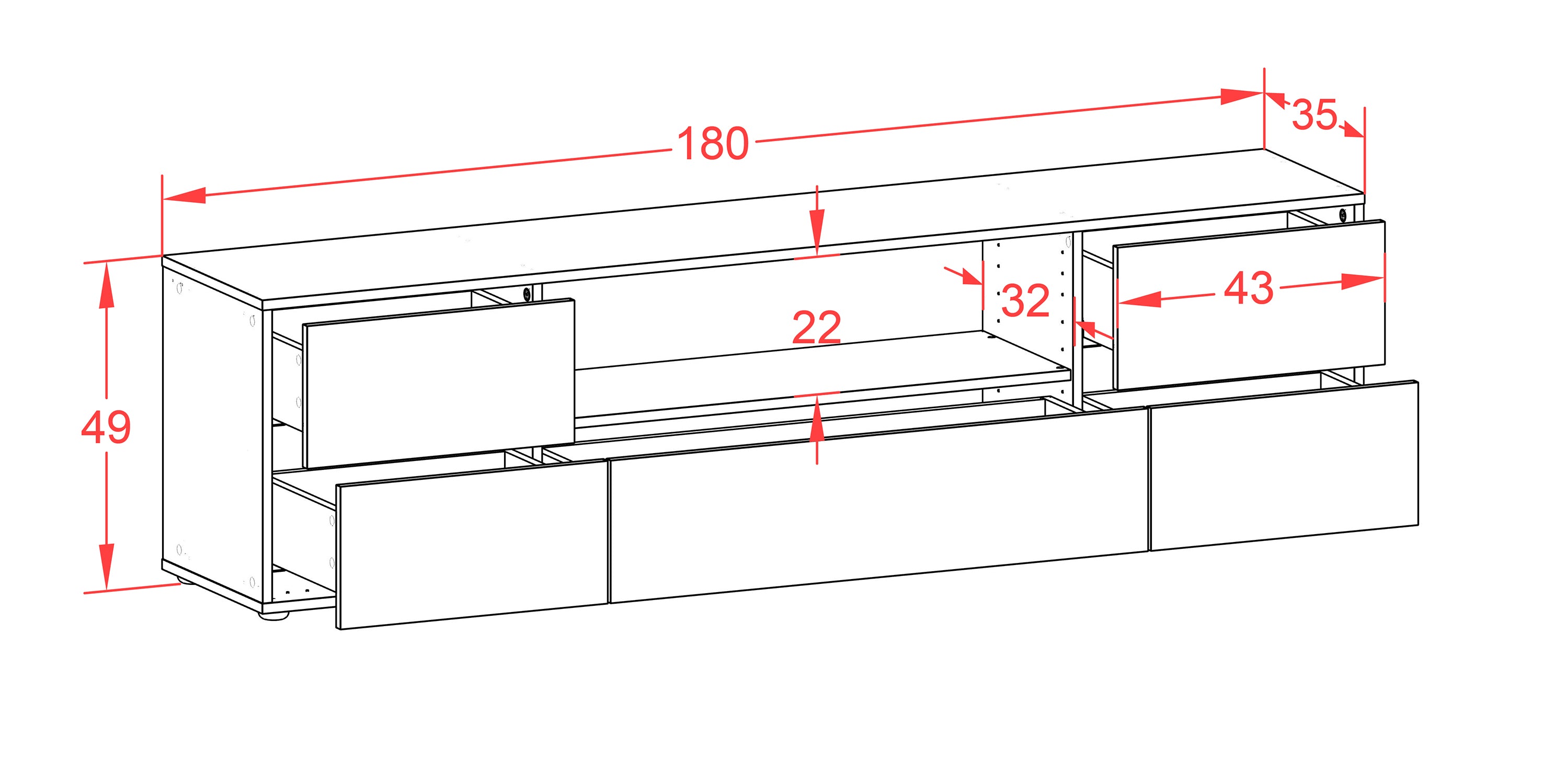 Lowboard - Atlanta - Design Hochglanz - Freistehend mit Push to Open 180 cm Weiss