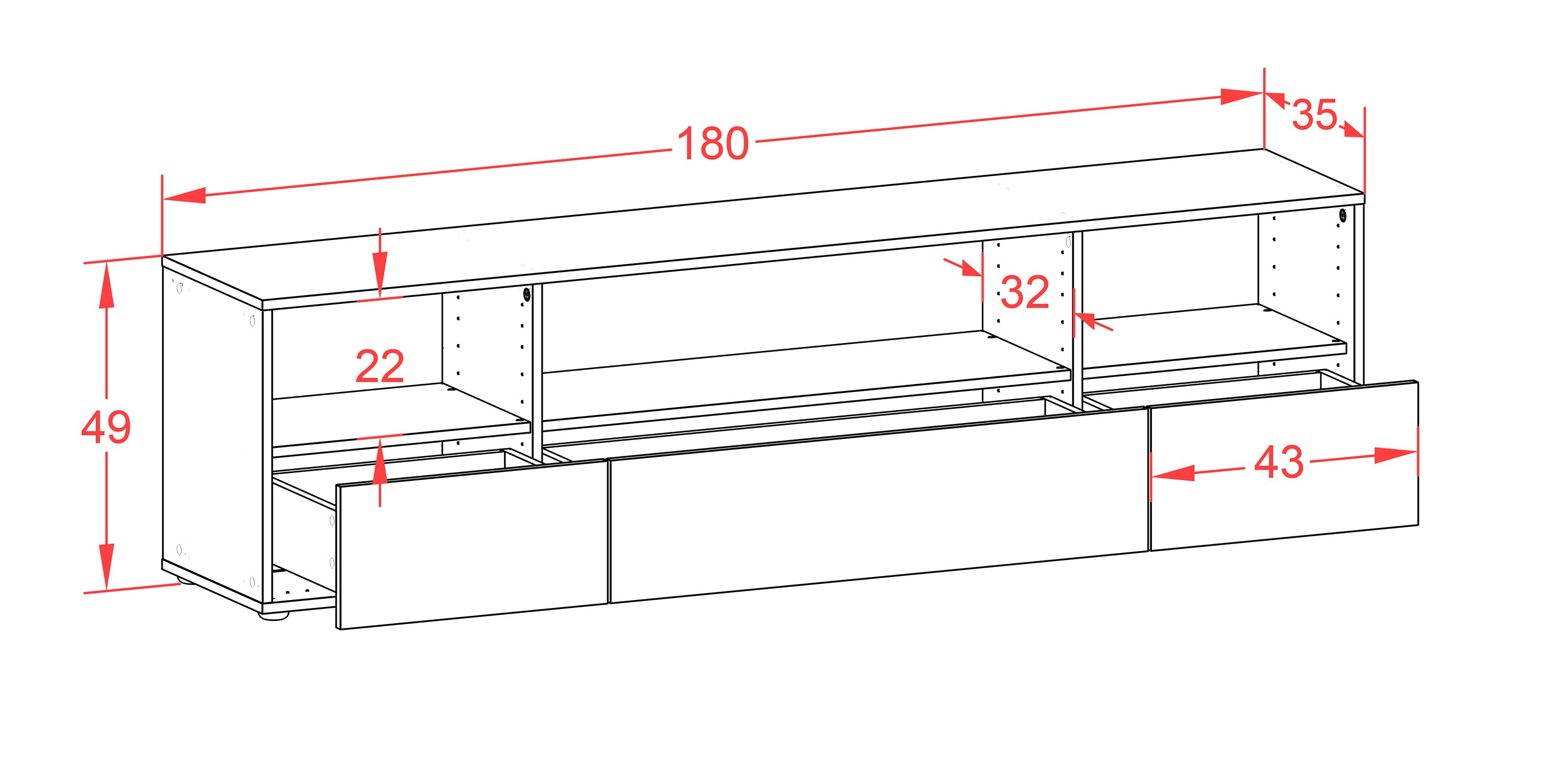 Lowboard - Aurelia - Design Holzdekor - Freistehend mit Push to Open 180 cm Weiss