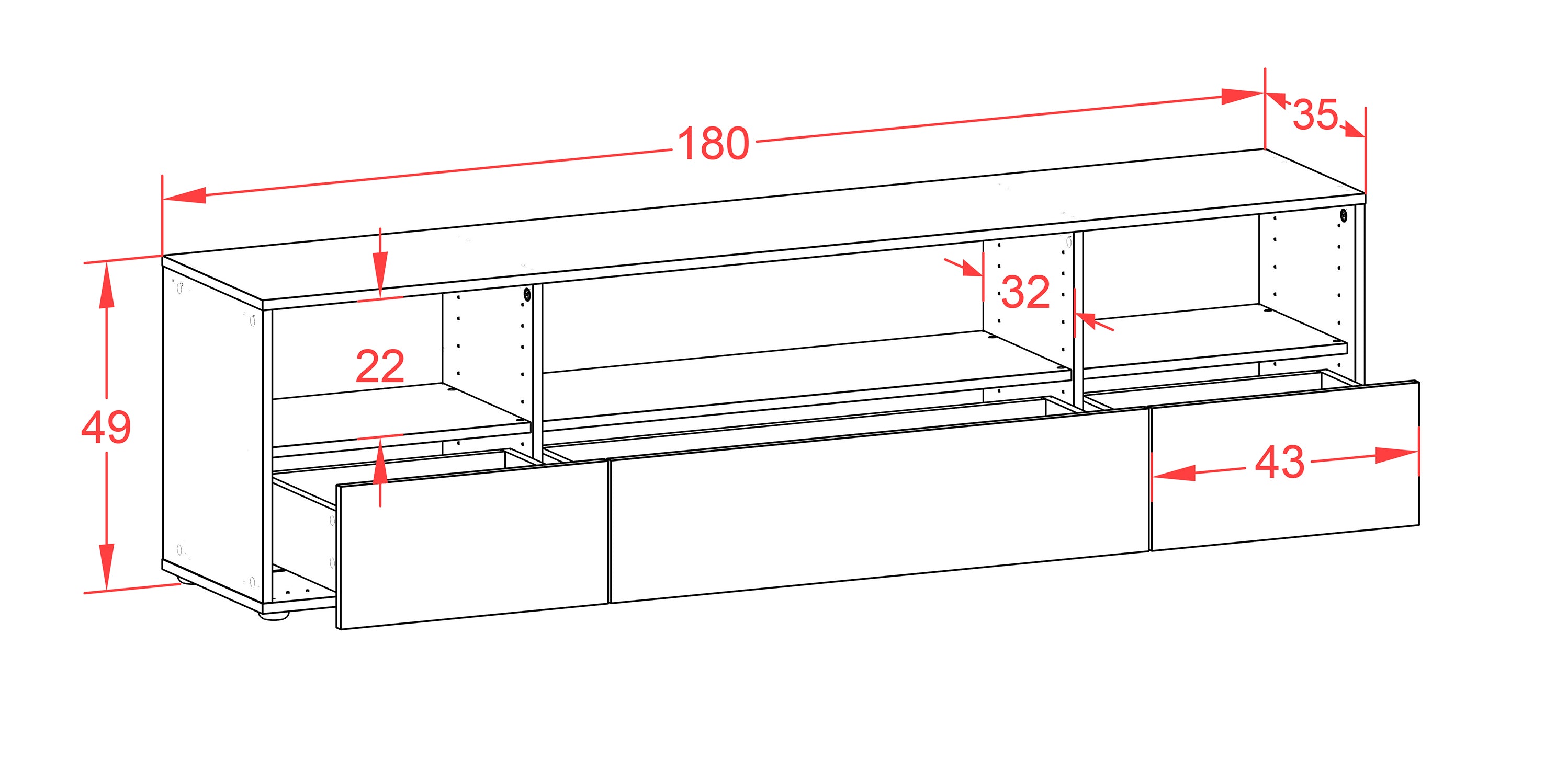 Lowboard - Aurelia - Design Hochglanz - Freistehend mit Push to Open 180 cm Weiss