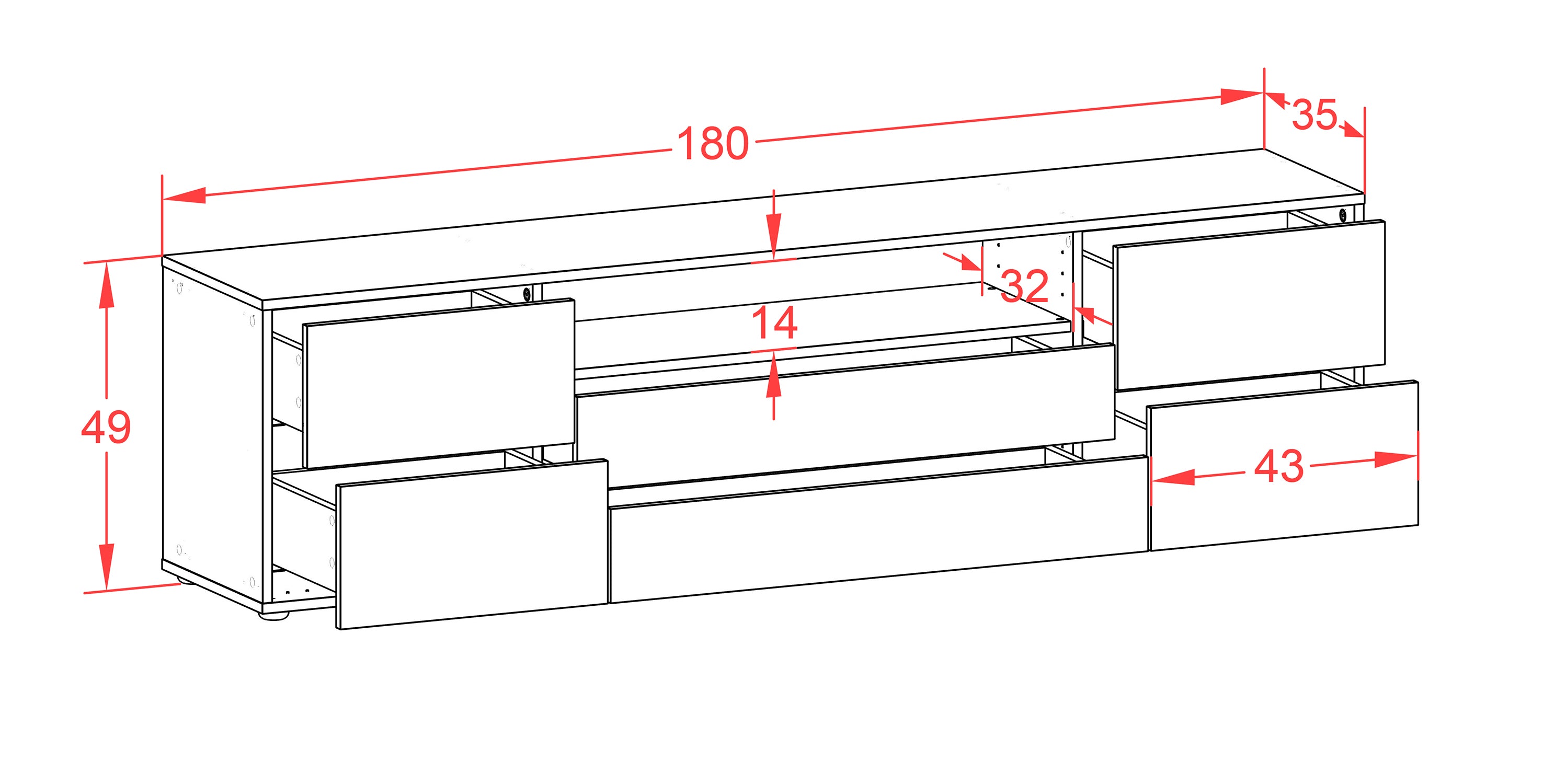 Lowboard - Aurora - Design Farbakzent - Freistehend mit Push to Open 180 cm Weiss
