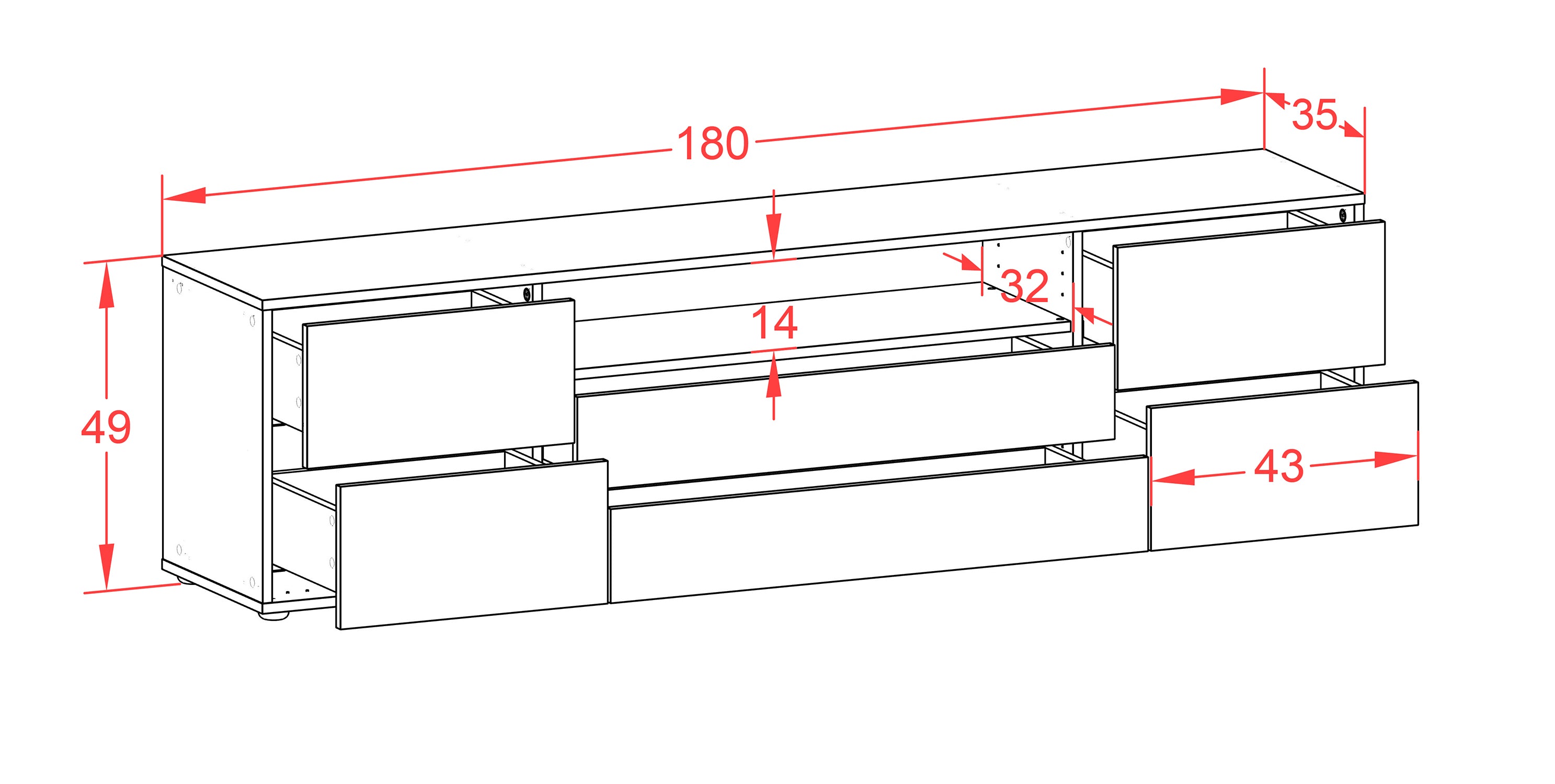 Lowboard - Aurora - Design Holzdekor - Freistehend mit Push to Open 180 cm Weiss