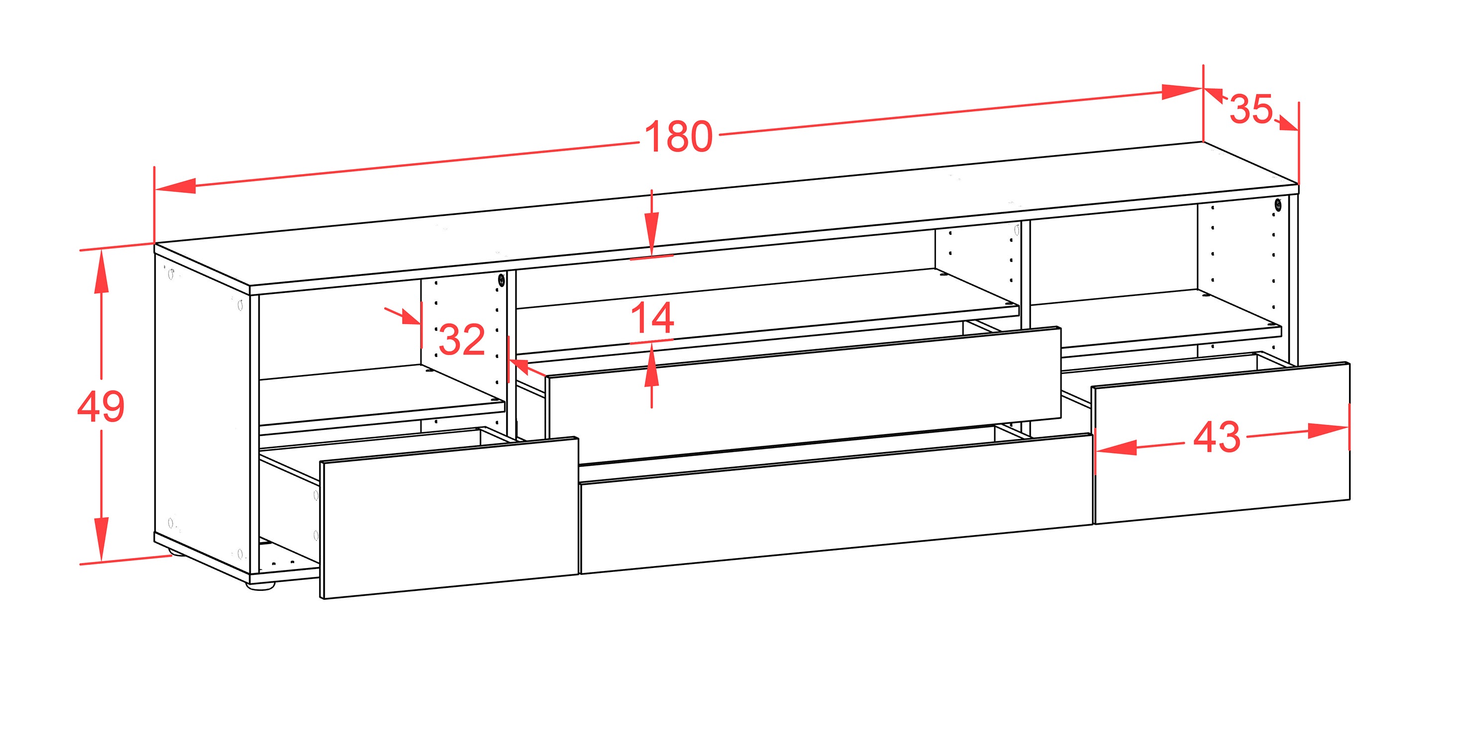 Lowboard - Azula - Design Hochglanz - Freistehend mit Push to Open 180 cm Weiss
