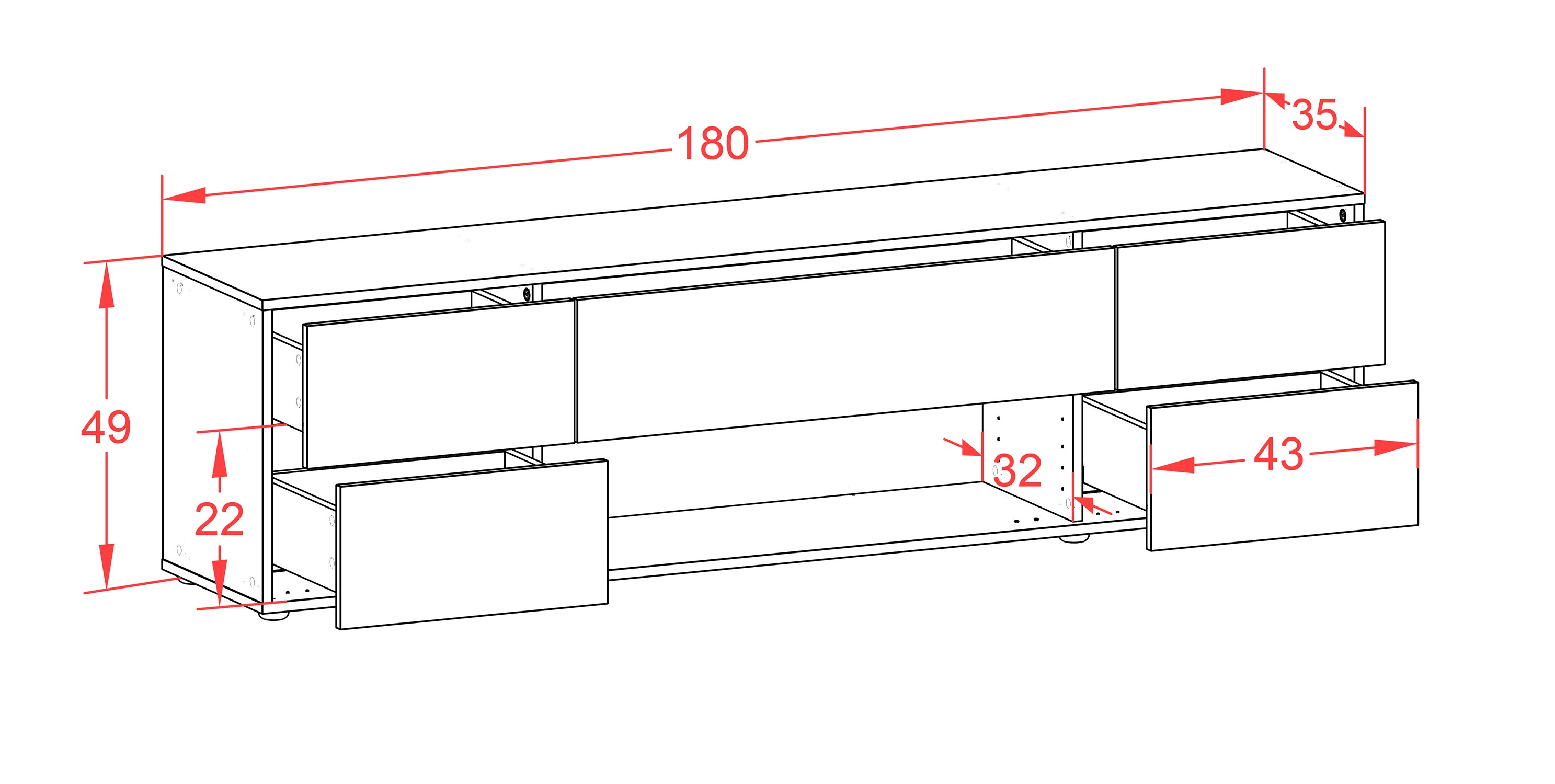 Lowboard - Babetta - Design Holzdekor - Freistehend mit Push to Open 180 cm Weiss